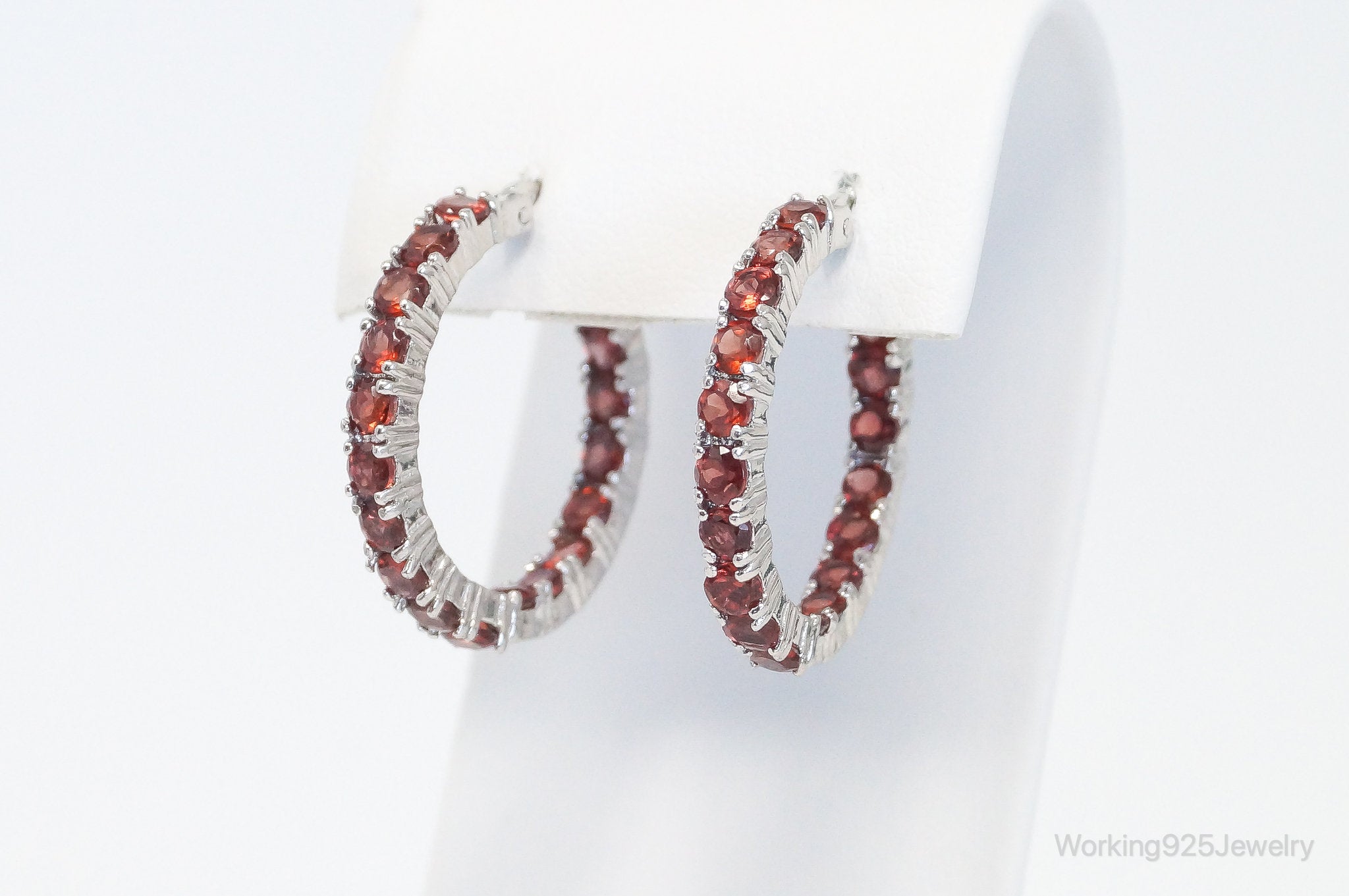 Vintage Garnet Sterling Silver Hoop Earrings