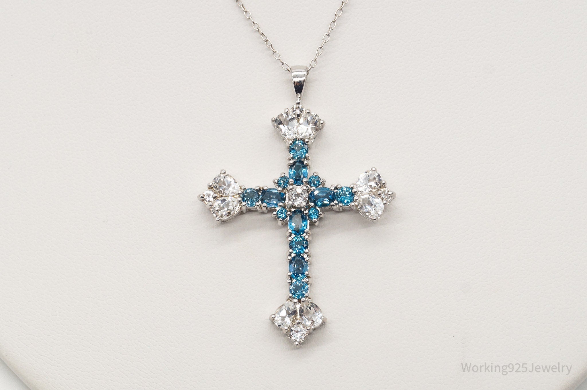 Vintage Blue Topaz Cubic Zirconia Cross Sterling Silver Necklace