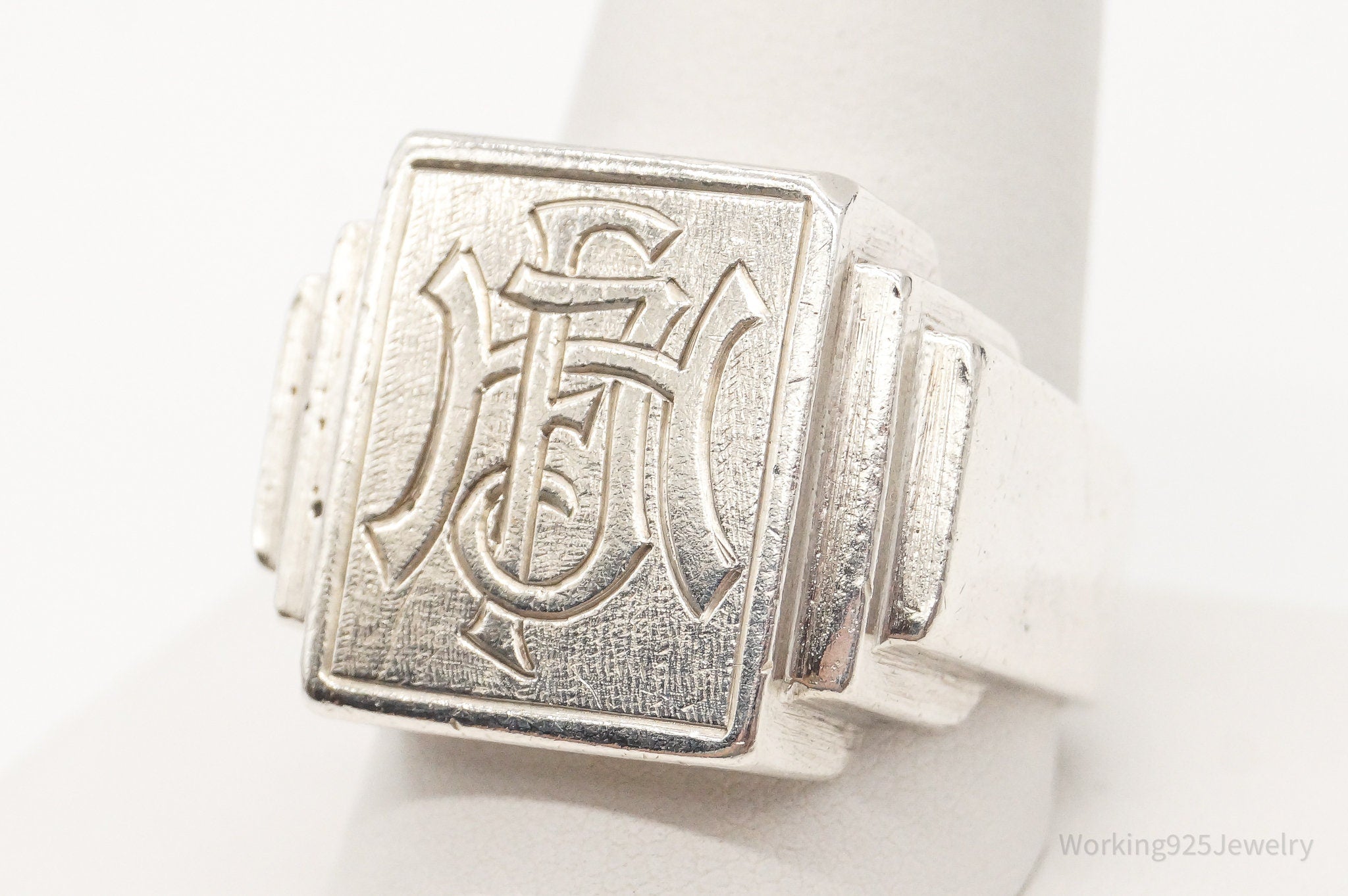 Antique Initials Letters 900 Silver Ring - Size 11.5