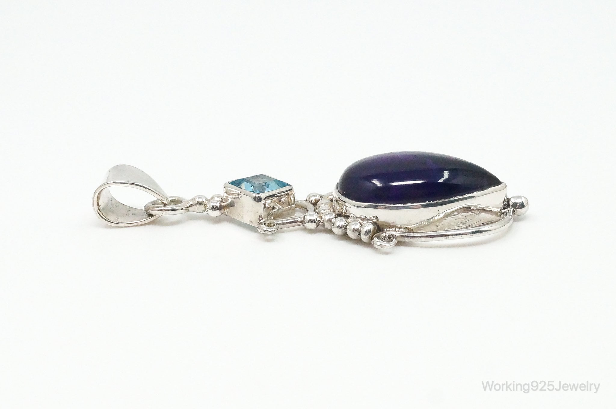 Large Vintage Blue Topaz Amethyst Sterling Silver Pendant