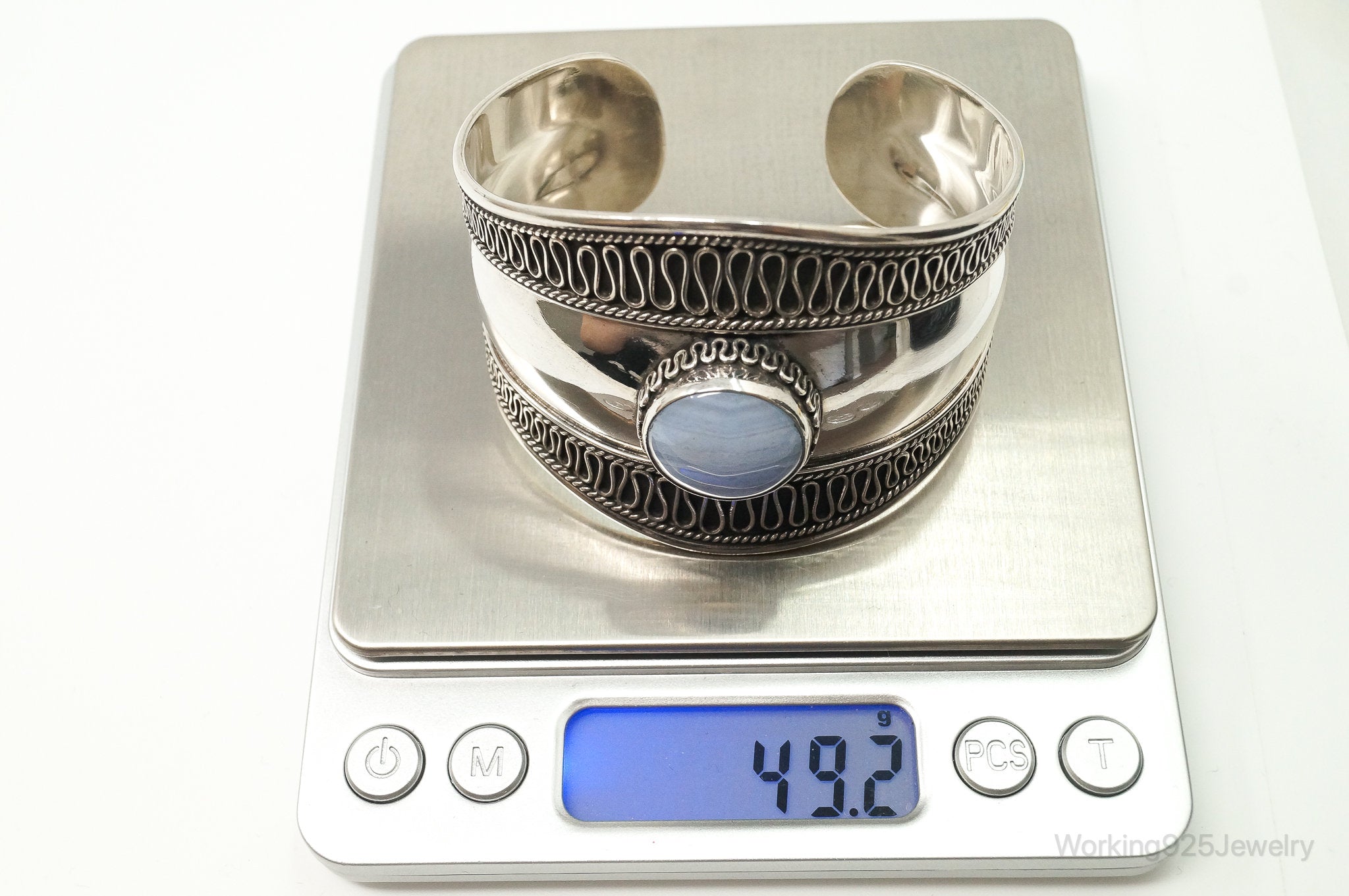 Designer BA Suarti Blue Lace Agate Bali Sterling Silver Cuff Bracelets