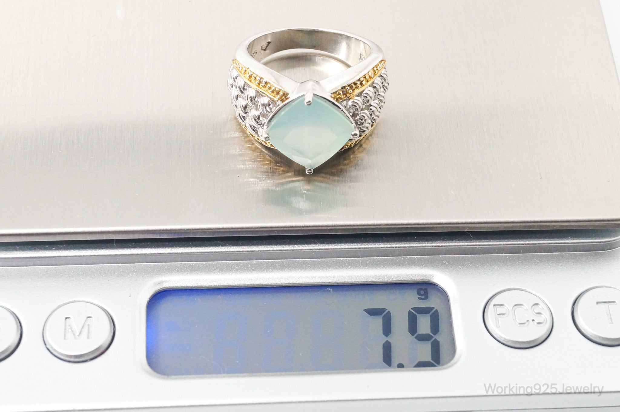 Vintage Designer Aqua Chalcedony Diamond Gold Vermeil Sterling Silver Ring Sz 7