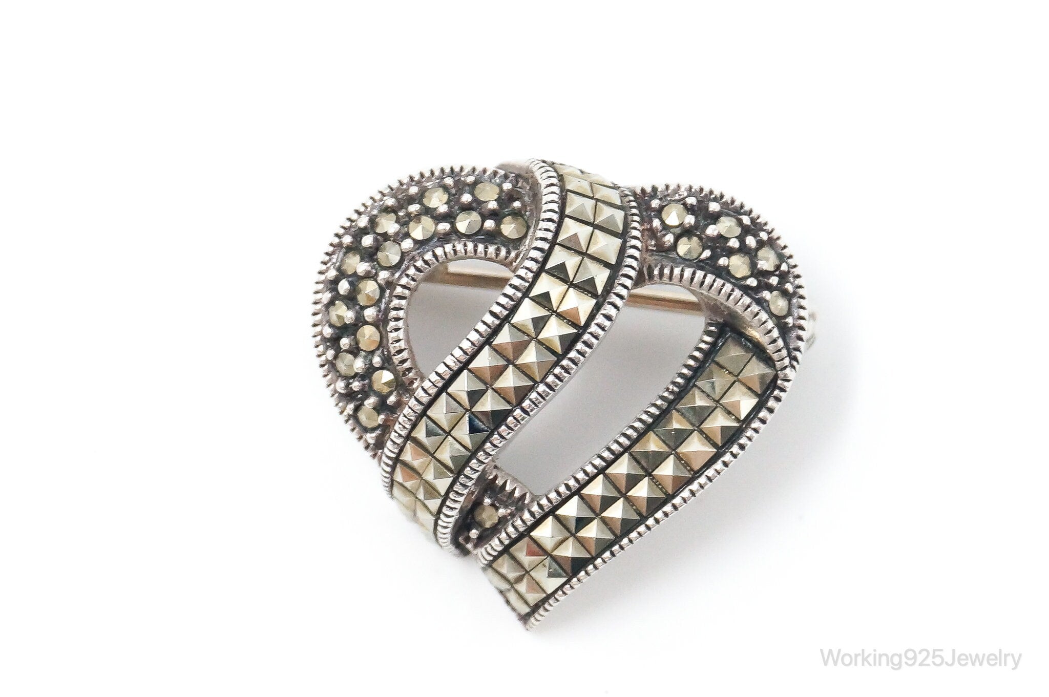 Vintage Designer Judith Jack Marcasite Open Heart Sterling Brooch Pin