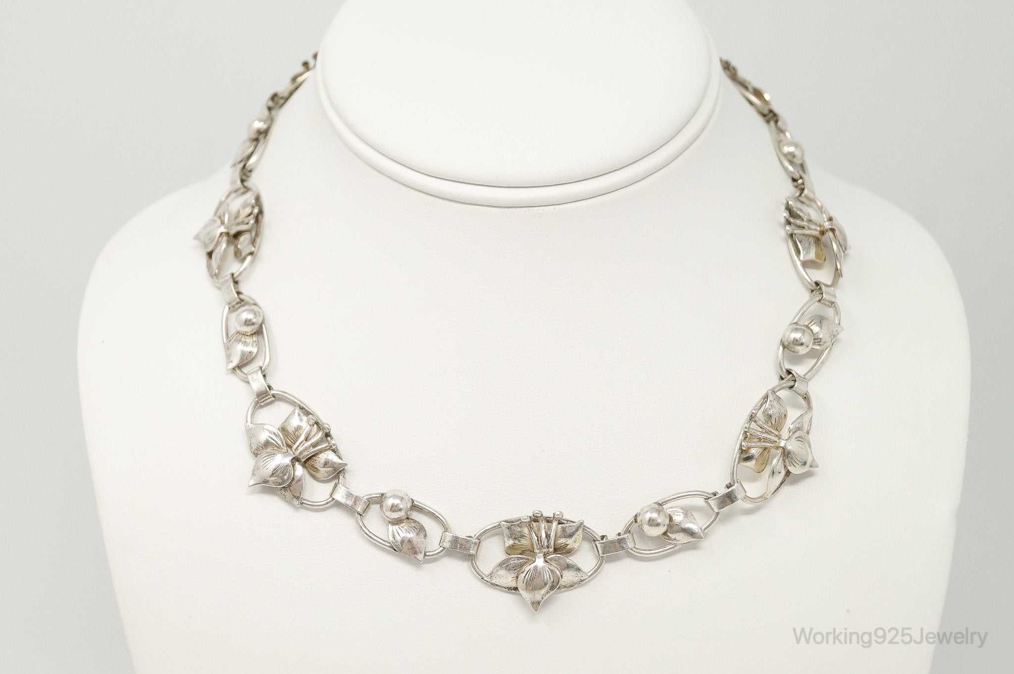 Lang Antiques Floral Link Sterling Silver Necklace