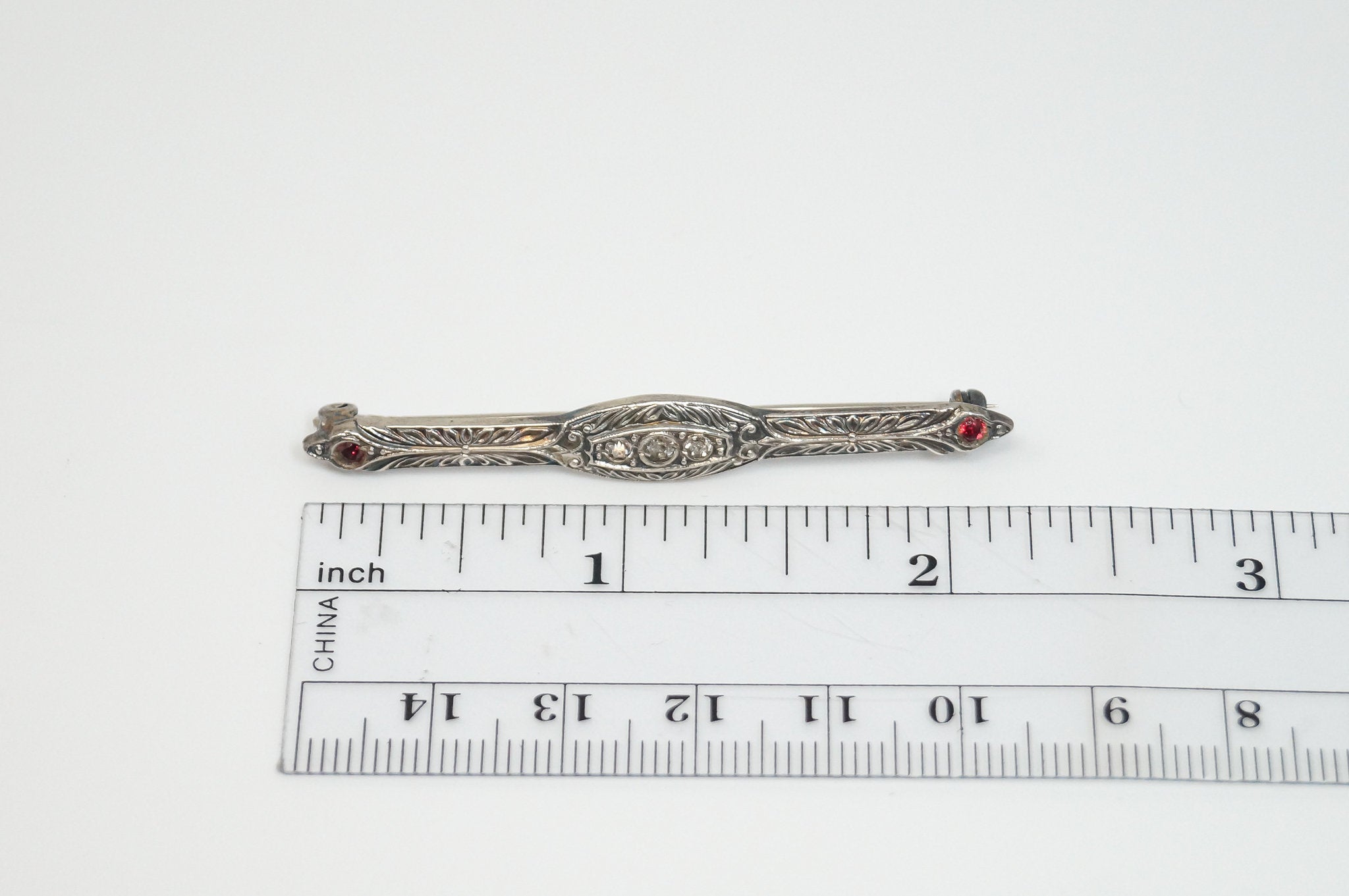 Antique Victorian CZ Ruby Ornate Sterling Silver Brooch Pin