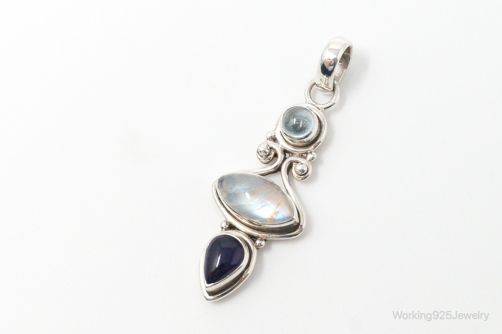 Vintage Blue Topaz Amethyst Moonstone Sterling Necklace Pendant