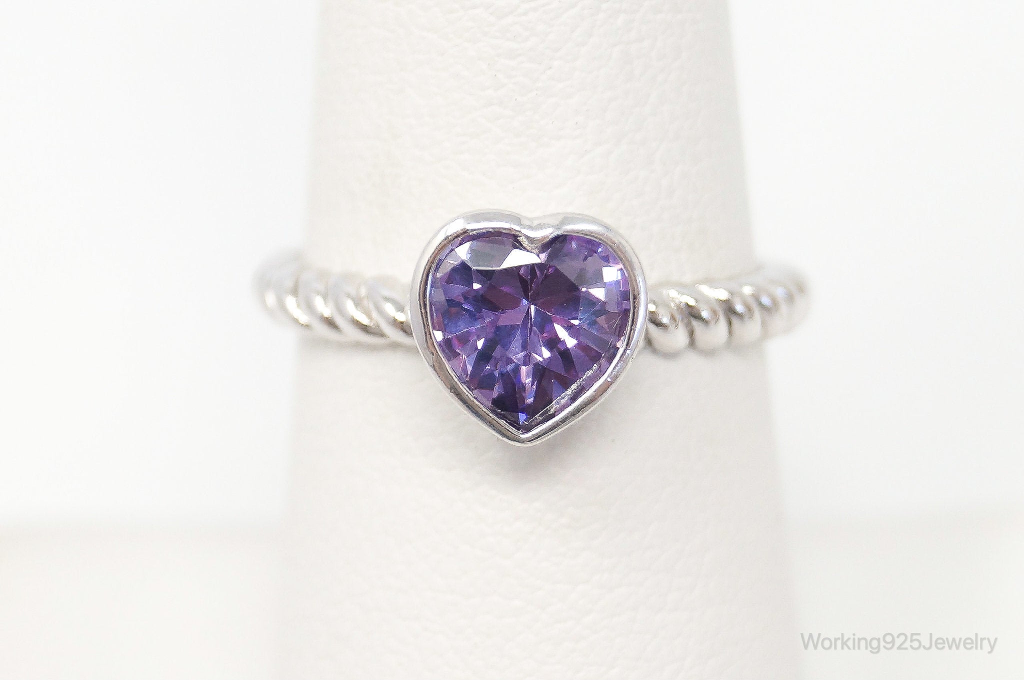 Vintage Amethyst Heart Cable Sterling Silver Ring Size 7