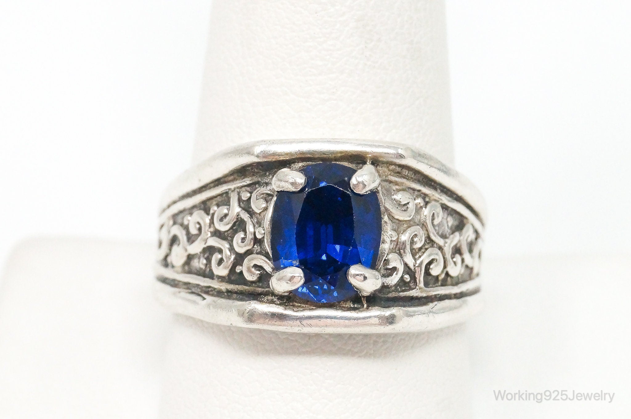 Vintage Lab Sapphire Sterling Silver Ring - Size 10