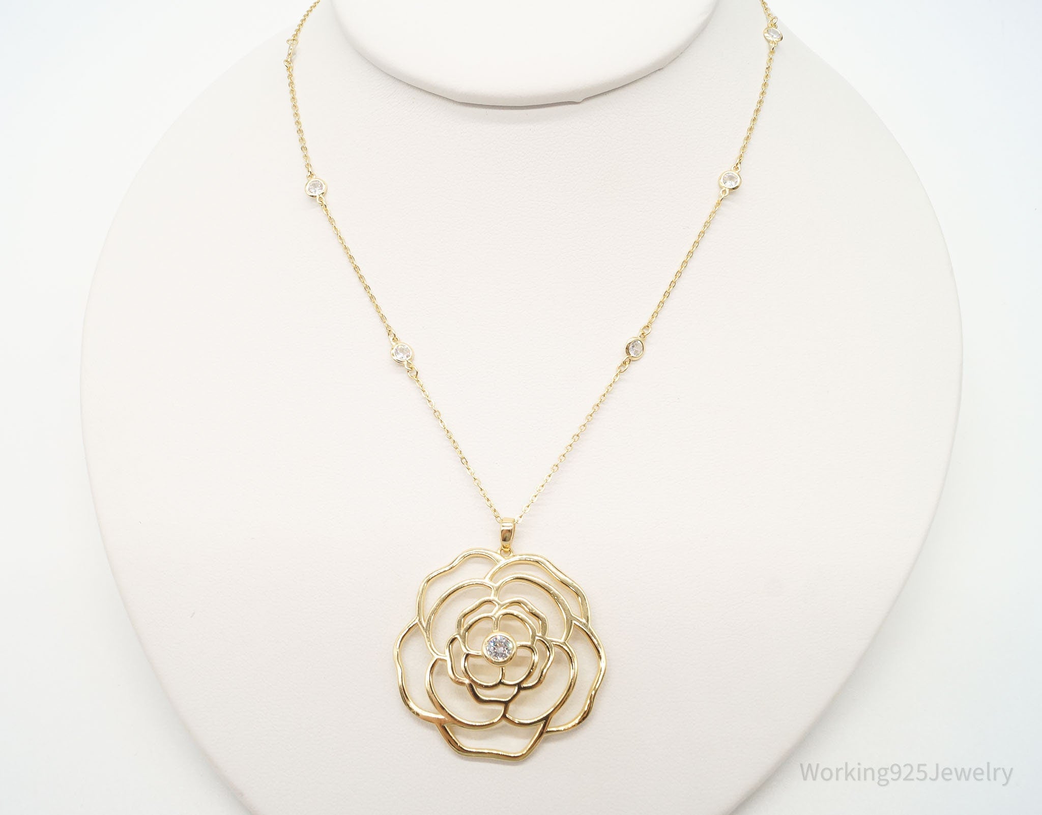 Vintage Cubic Zirconia Gold Vermeil Sterling Silver Flower Necklace 18"