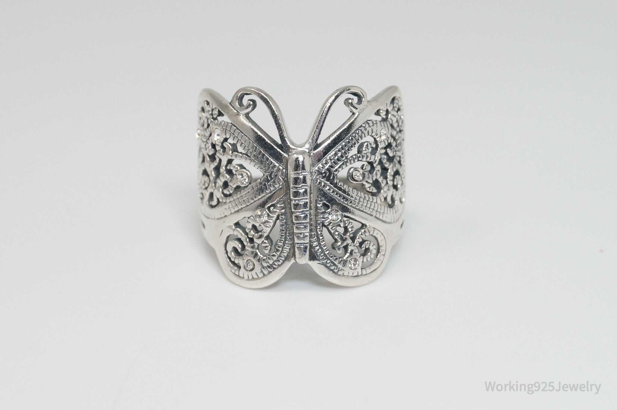 Vintage Butterfly Scroll Sterling Silver Ring - Size 9