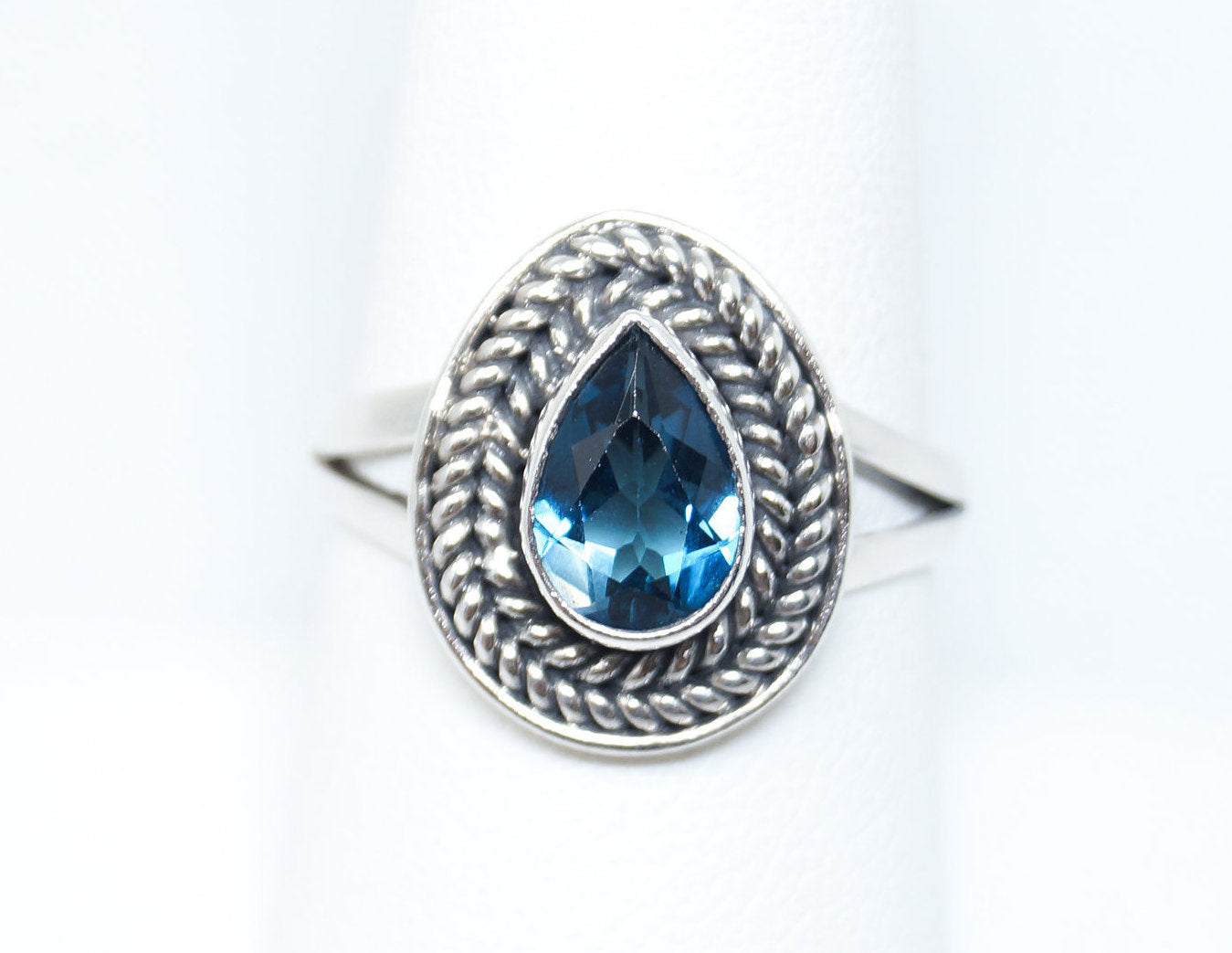 Vintage Blue Topaz Rope Braid Tear Drop Sterling Silver Ring - Sz 8