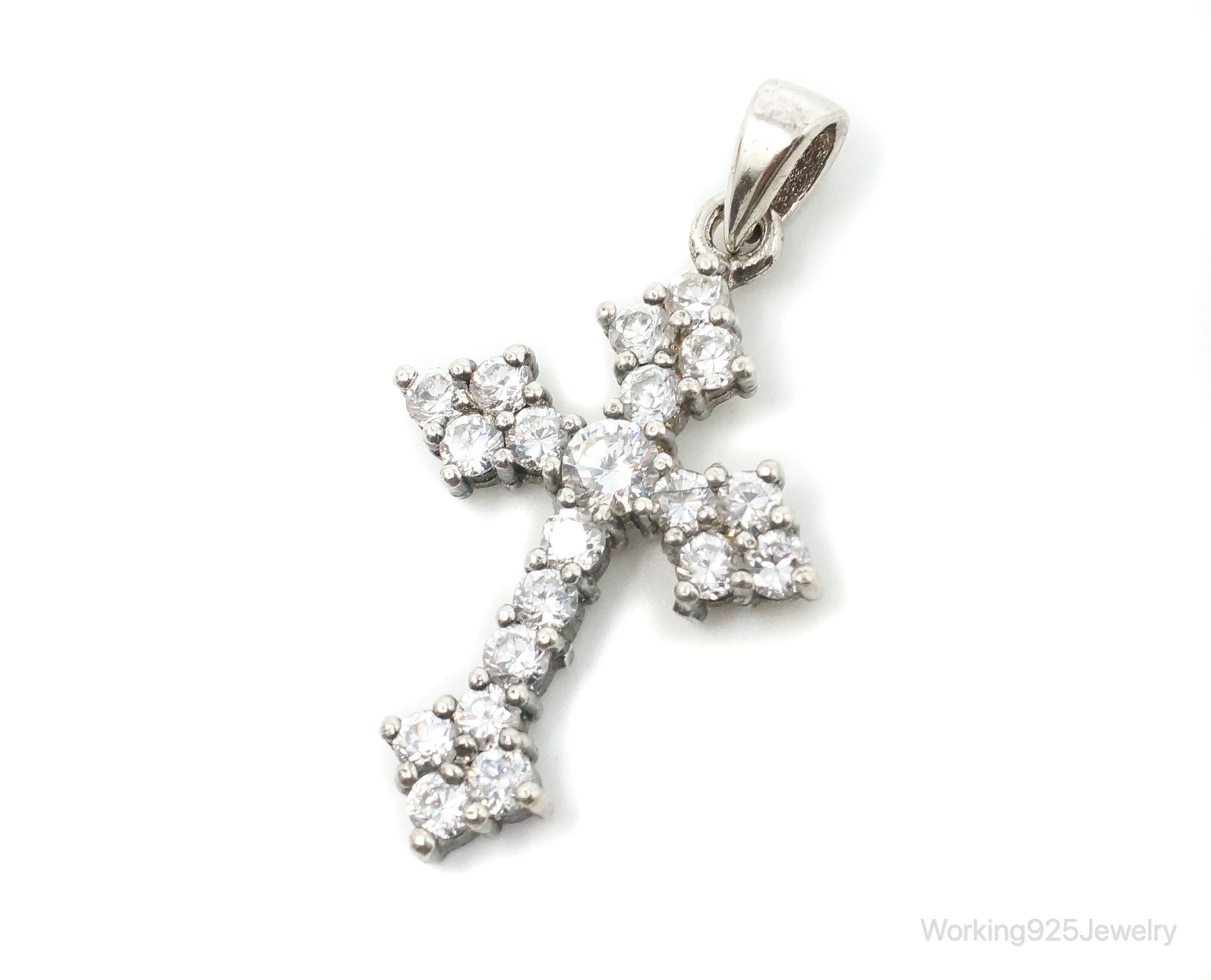 Vintage Cubic Zirconia Cross Sterling Silver Necklace Pendant