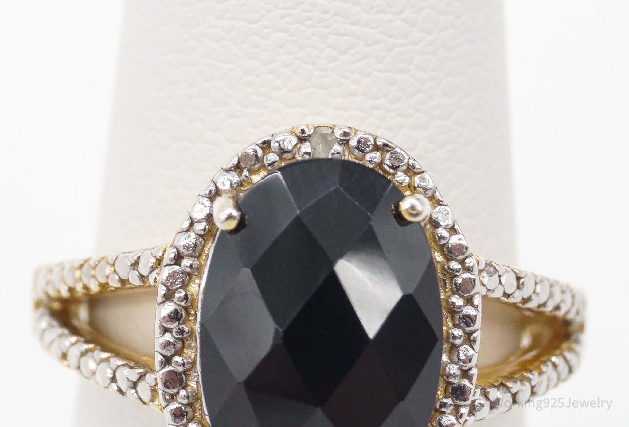 Designer FAS Black Spinel One Diamond Gold Over Sterling Silver Ring - Size 6