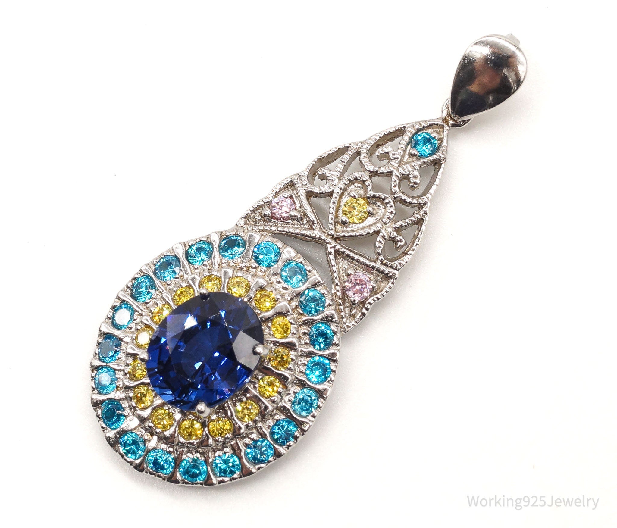 Large Lab Sapphire Multi Color CZ Rhodium Over Sterling Silver Pendant