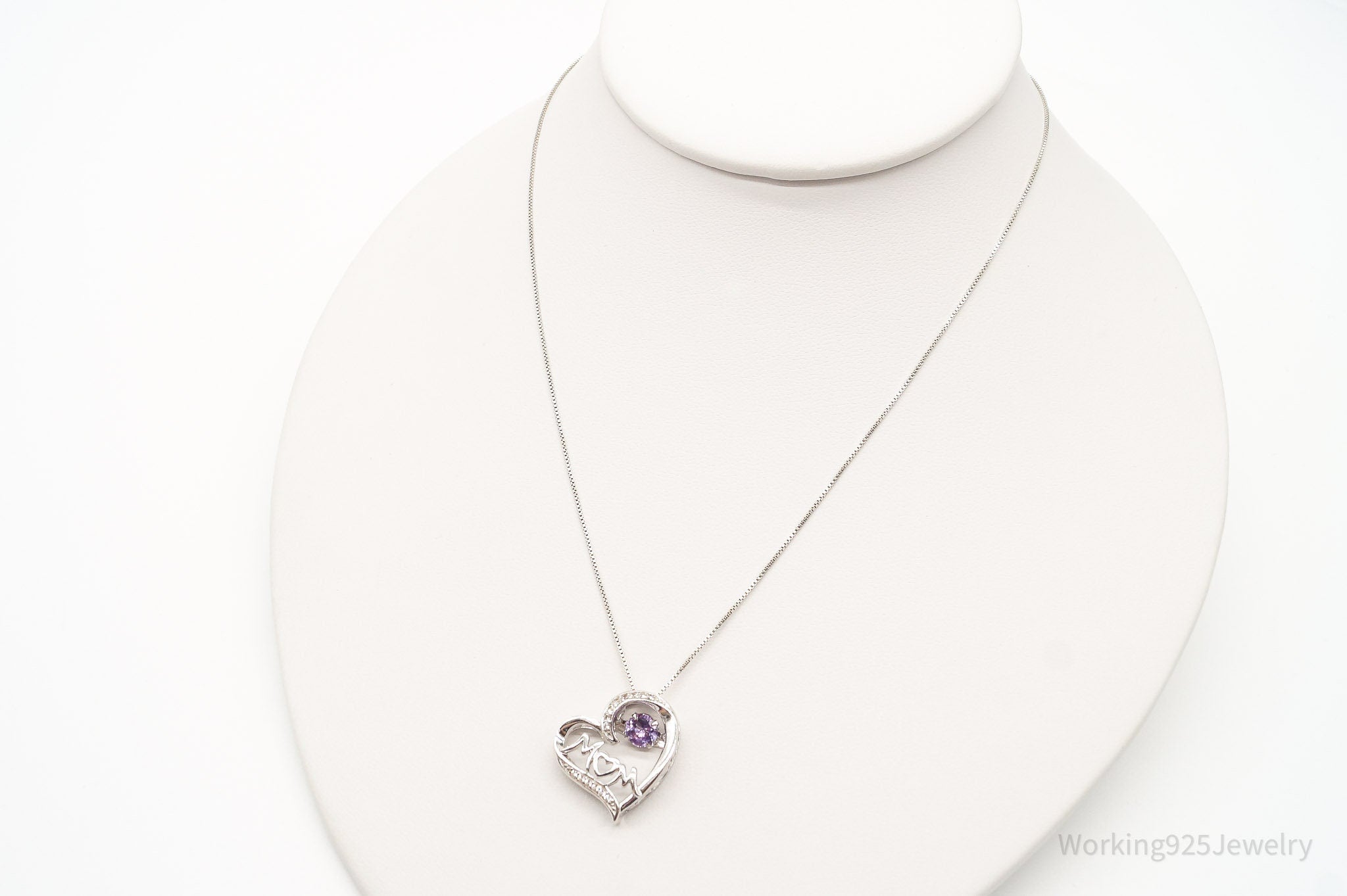 Vintage Designer SAI Amethyst Diamond Heart "Mom" Sterling Silver Necklace