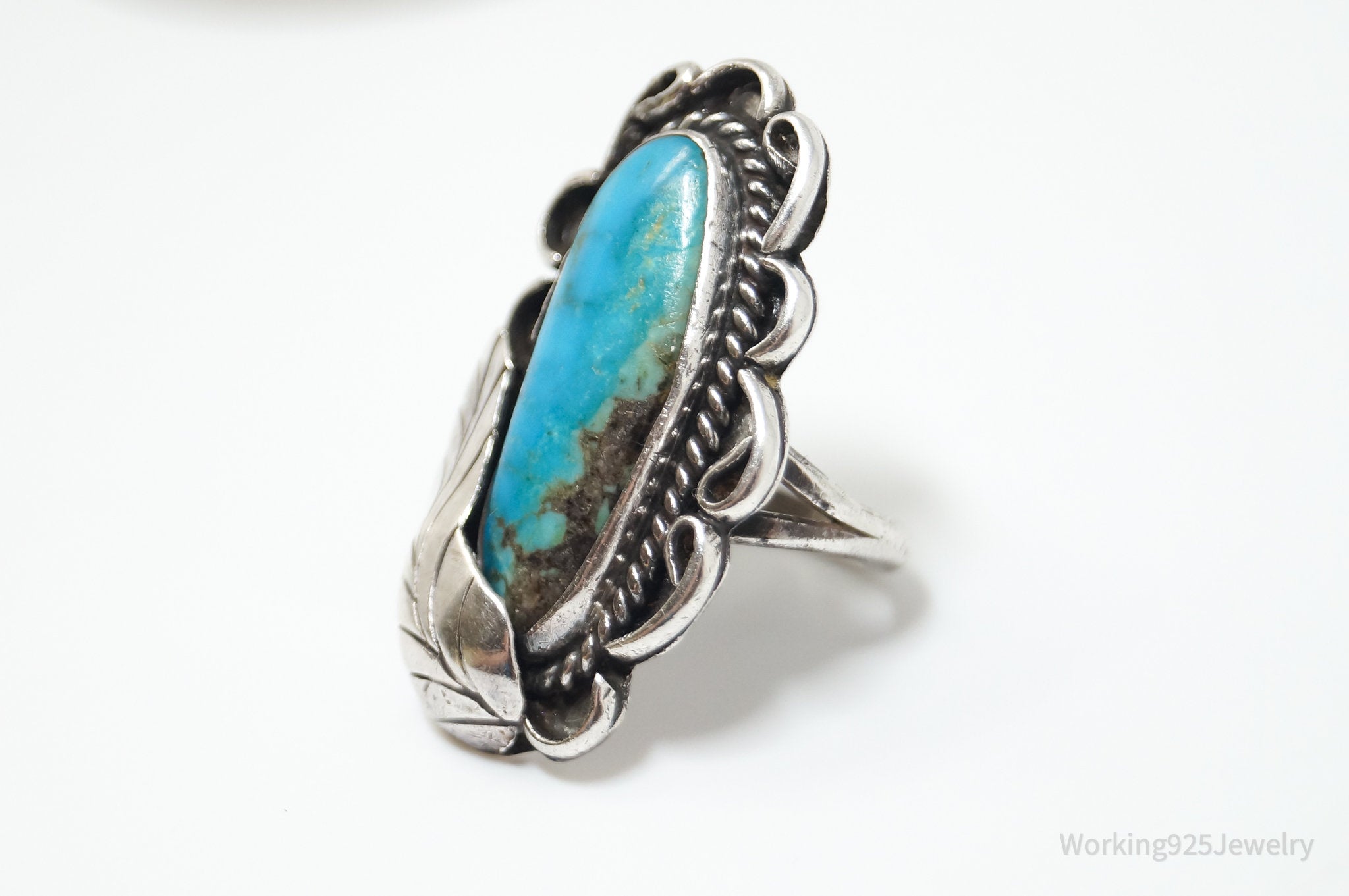 Long Vtg Native American Turquoise Unsigned Sterling Silver Ring - Sz 4.75