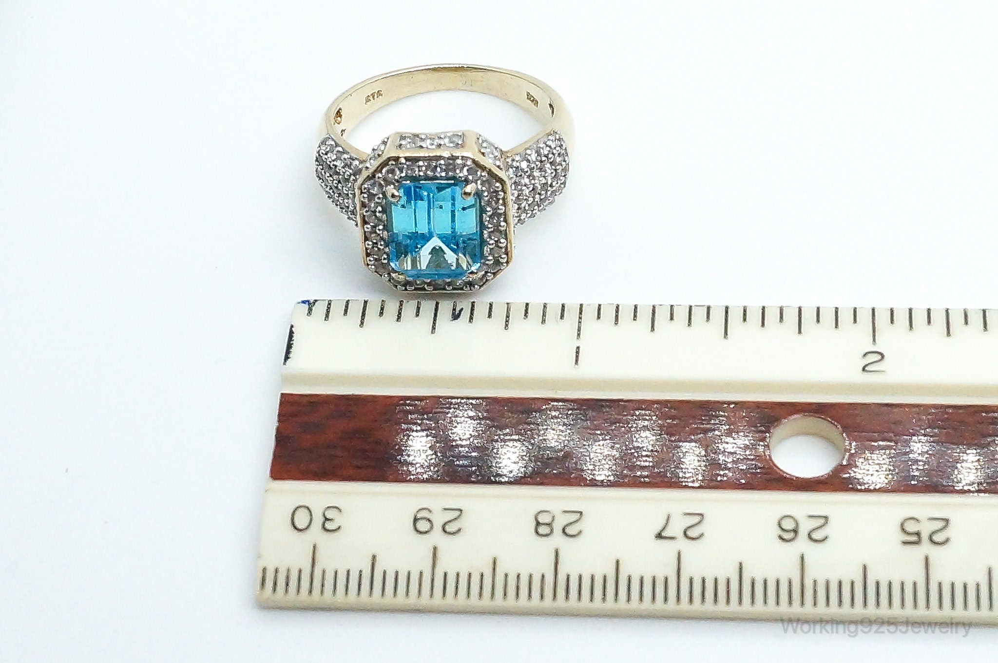 Vintage Blue Topaz Cubic Zirconia Gold Vermeil Sterling Silver Ring - Size 10