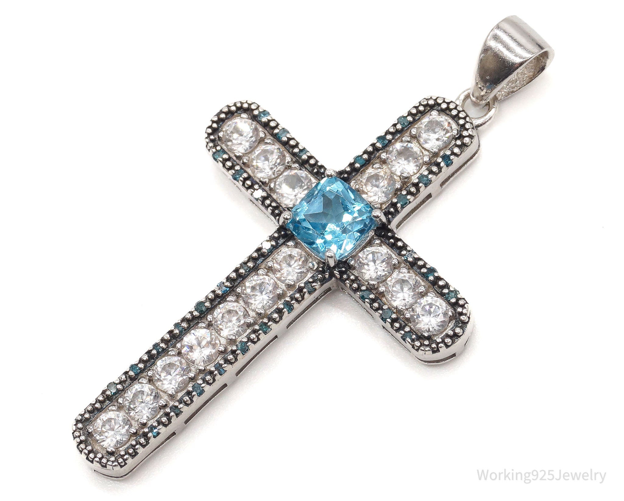 Large Designer Blue Topaz Cubic Zirconia Blue Diamond Sterling Silver Pendant