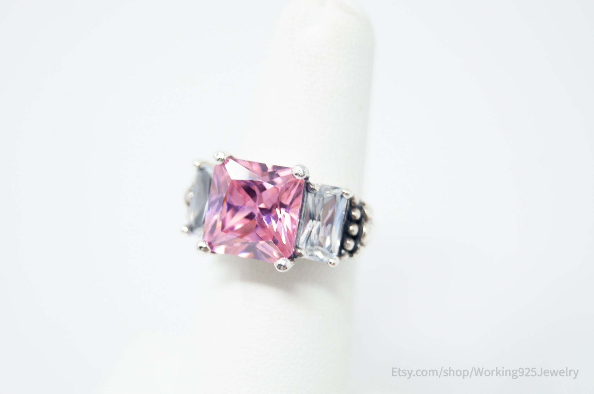 Vintage Art Deco Style Pink Topaz Cz Statement Ring Sterling Silver - Size 5