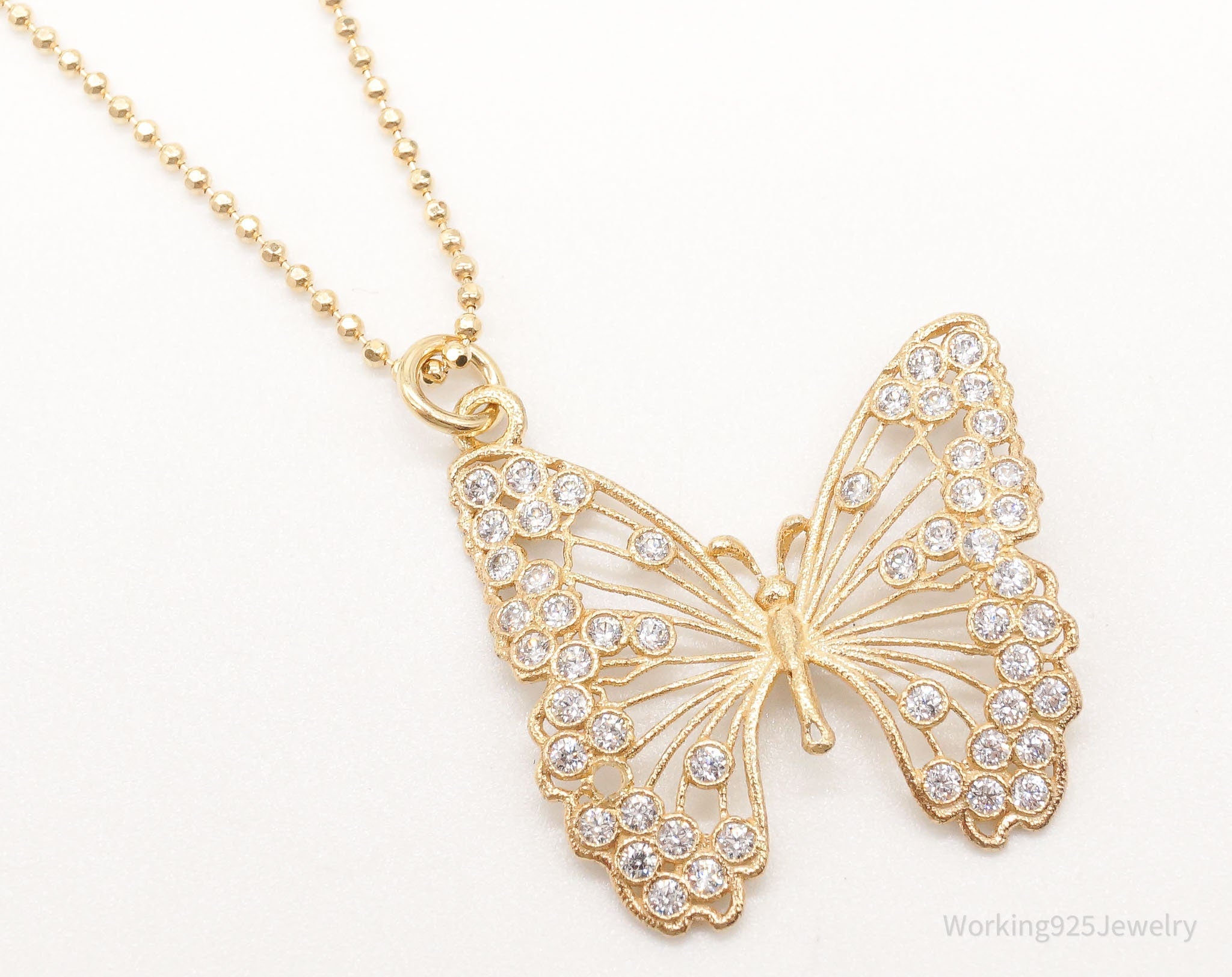 Large Vintage Butterfly Cubic Zirconia Gold Vermeil Sterling Silver Necklace