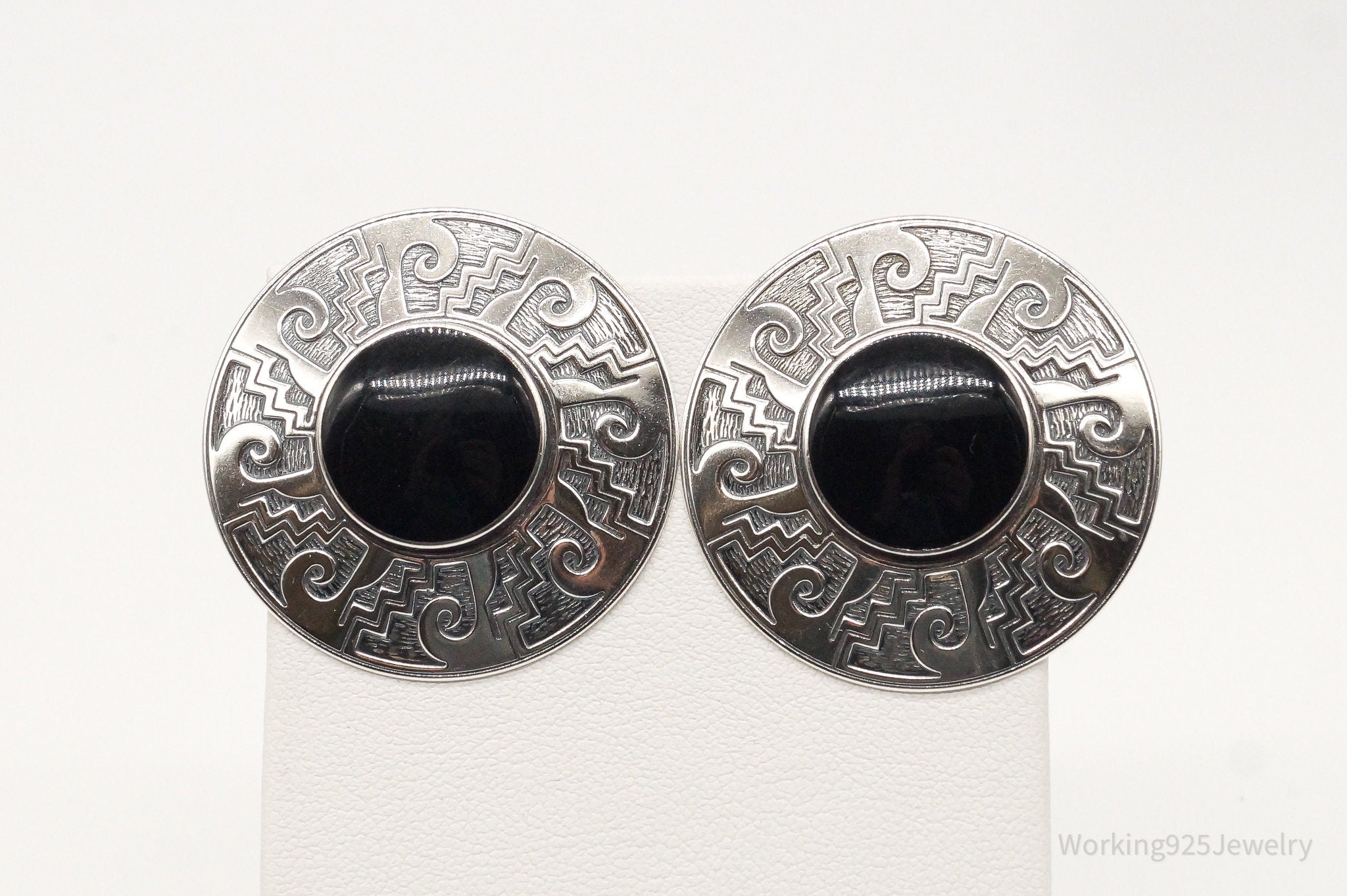 Vintage Designer KABANA Black Onyx Sterling Silver Earrings