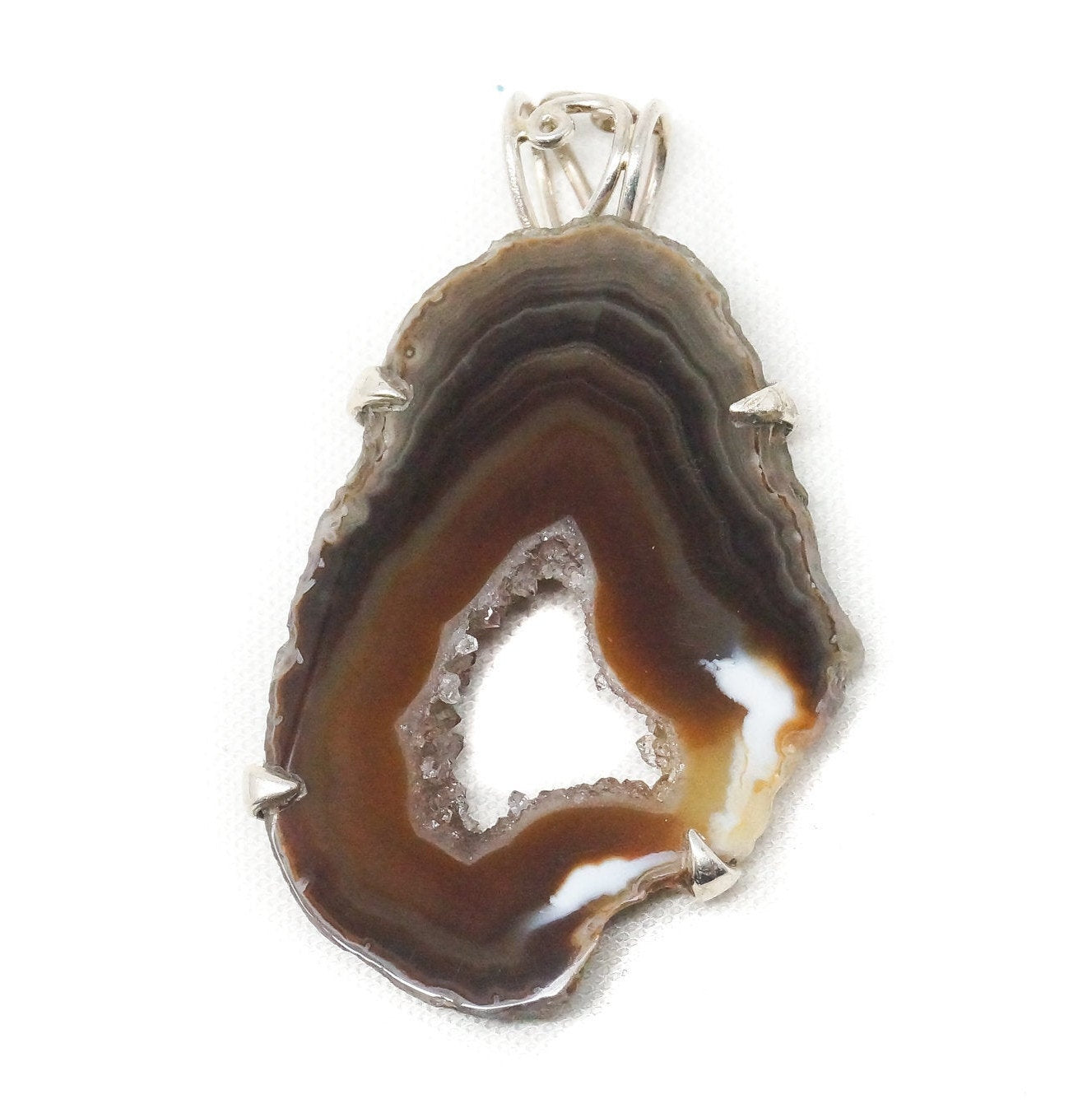 Vintage Large Brown Crazy Lace Agate Sterling Silver Necklace Pendant