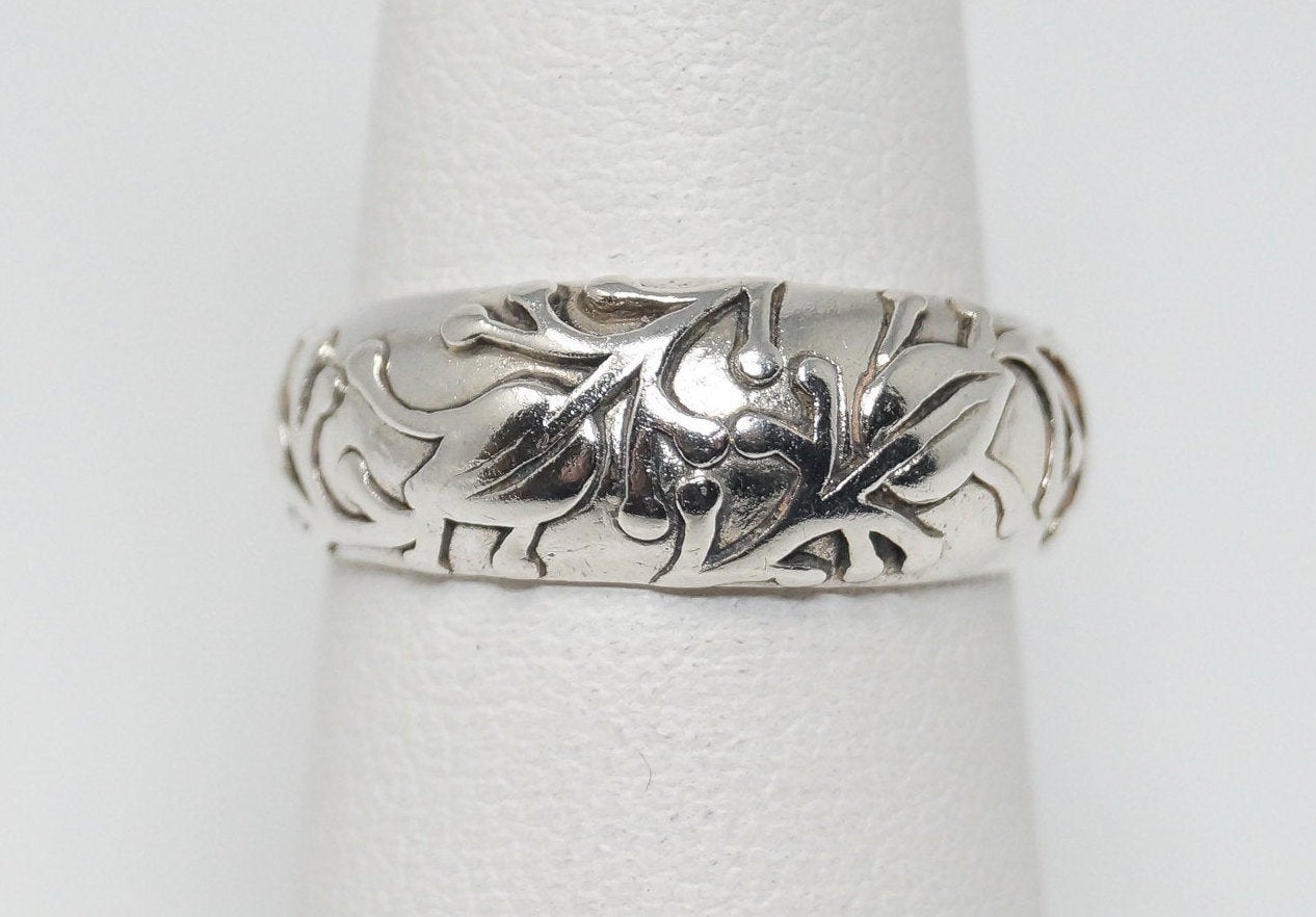 Vintage Designer JEZ Leaf Floral Design Sterling Silver Band Ring - Size 5.5