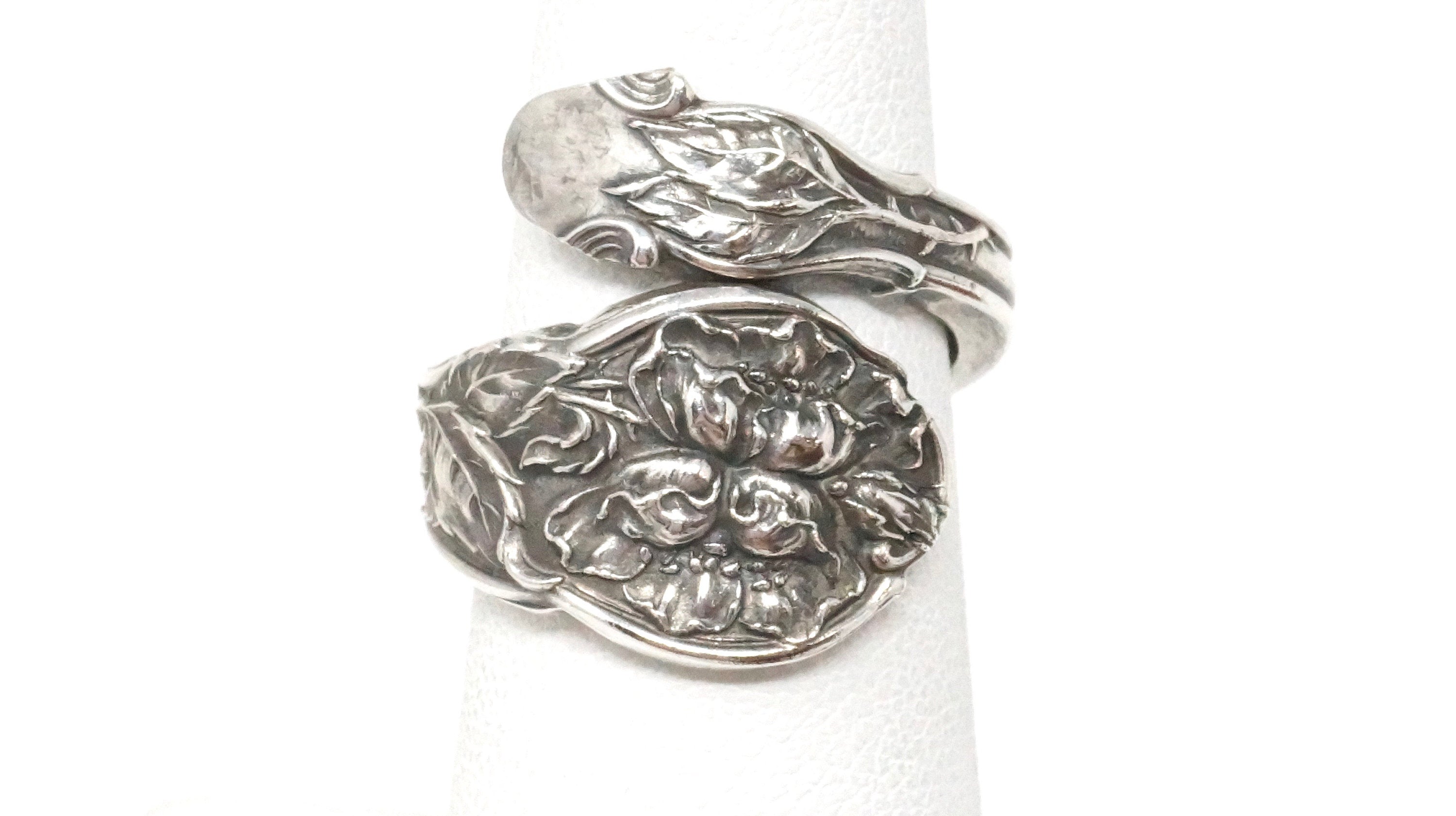 Atq English Art Nouveau Floral Repousse Wrap Sterling Silver Spoon Ring Sz 6.5