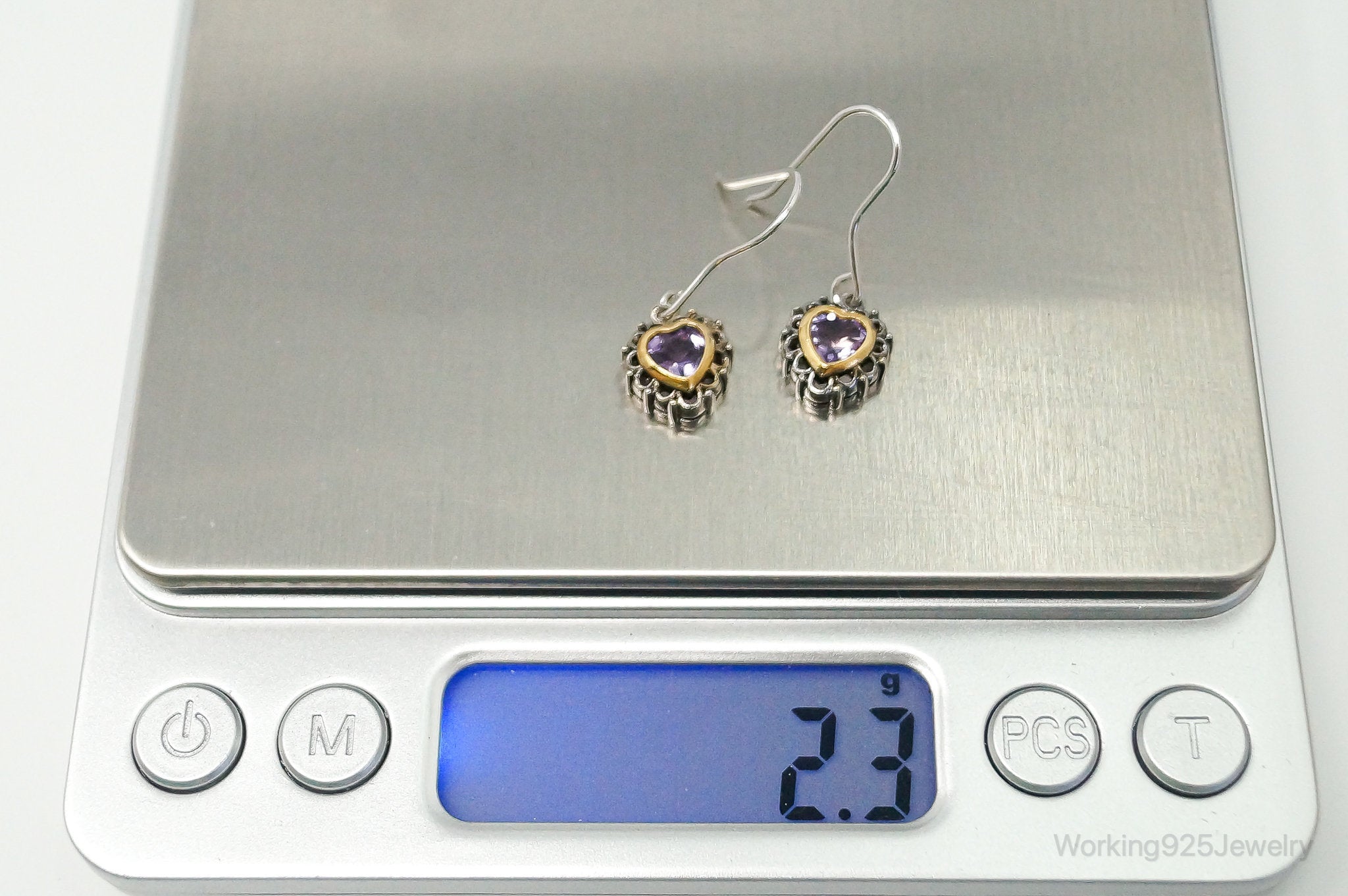 Designer FAS Gold Vermeil Amethyst Hearts Sterling Silver Earrings