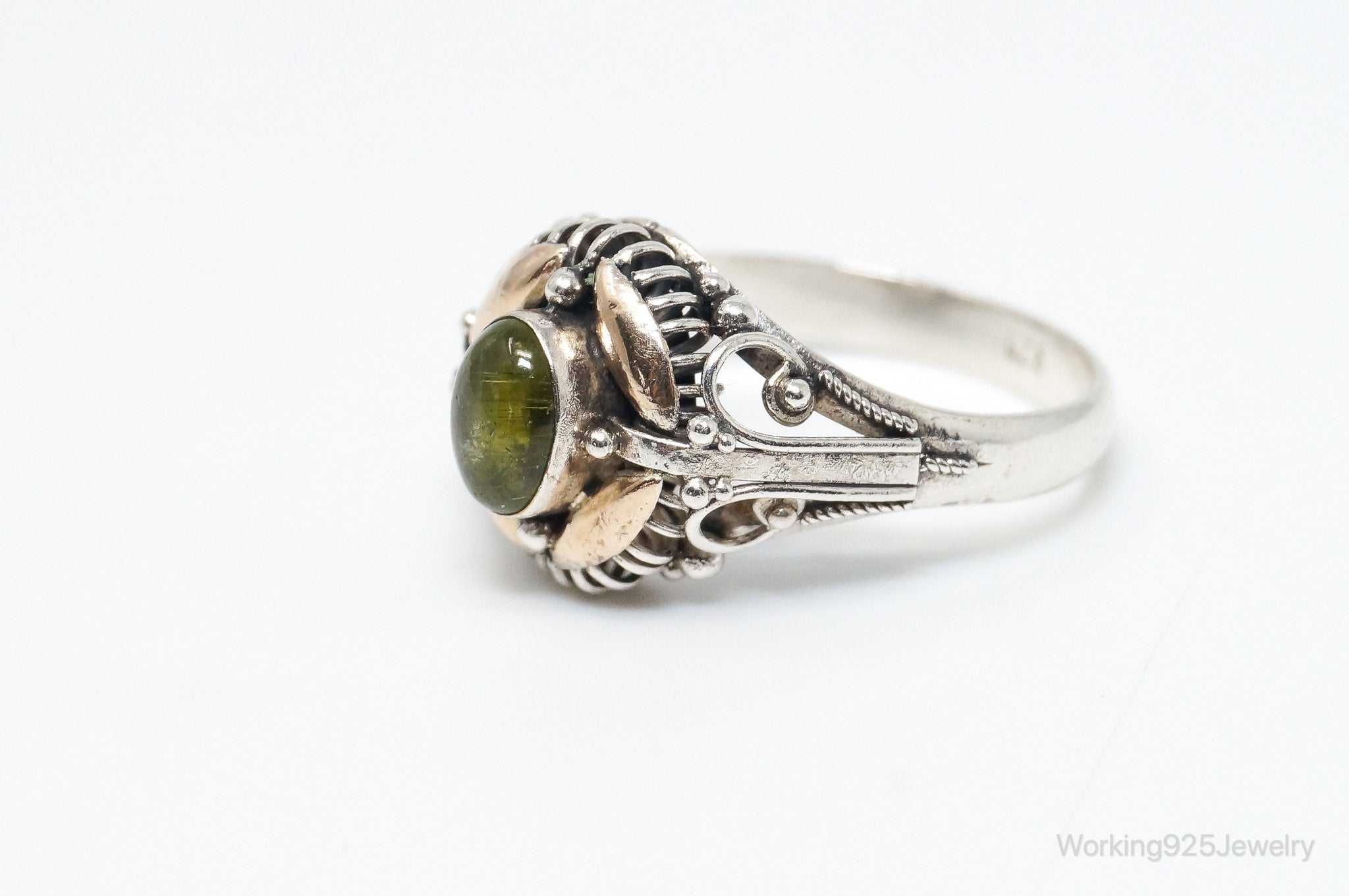 Vintage Bali Style Peridot Brass Sterling Silver Ring - Size 7.75