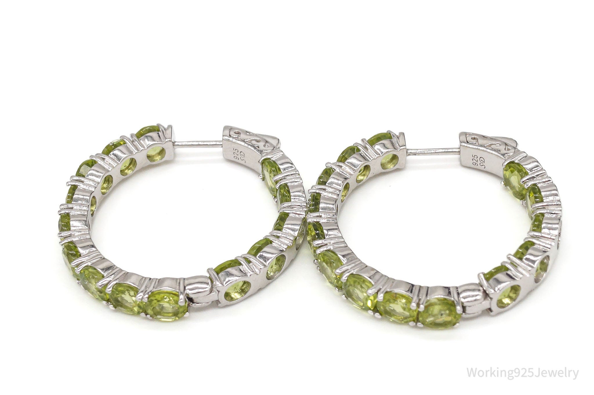 Large Designer SD Peridot Rhodium Over Sterling Silver Hoop Earrings