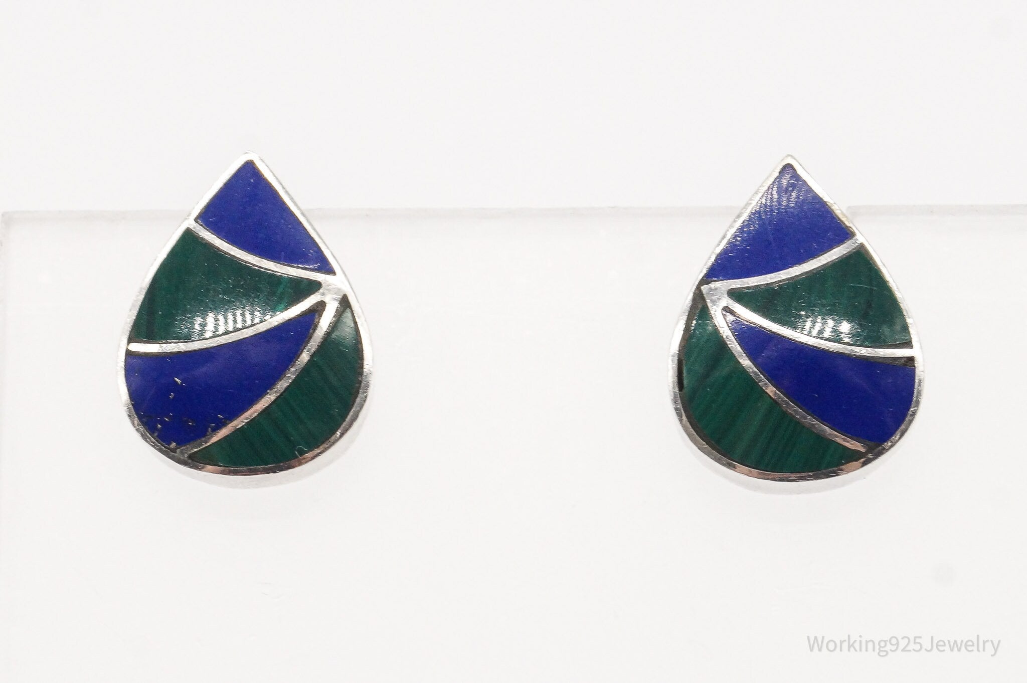 Vintage Lapis Lazuli Malachite 950 Silver Earrings