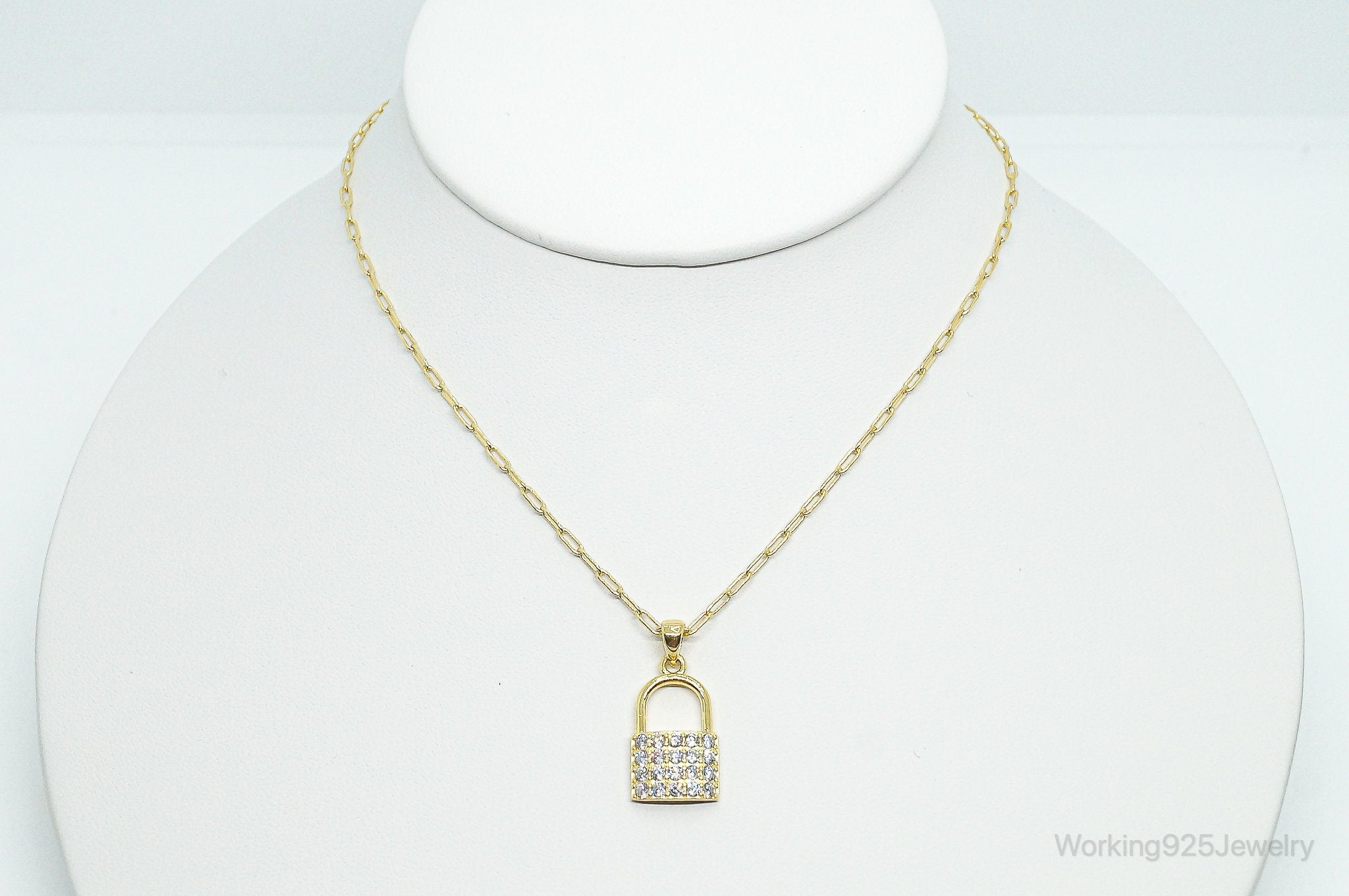 Designer Cubic Zirconia Gold Vermeil Padlock Sterling Silver Necklace