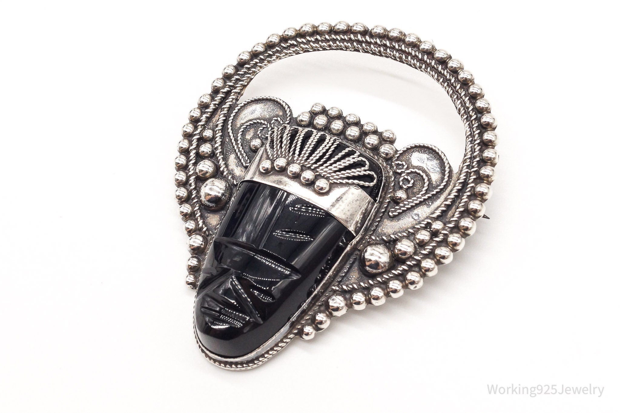 Large Vintage Mexico Carved Black Onyx Tribal Mask Sterling Silver Brooch Pin