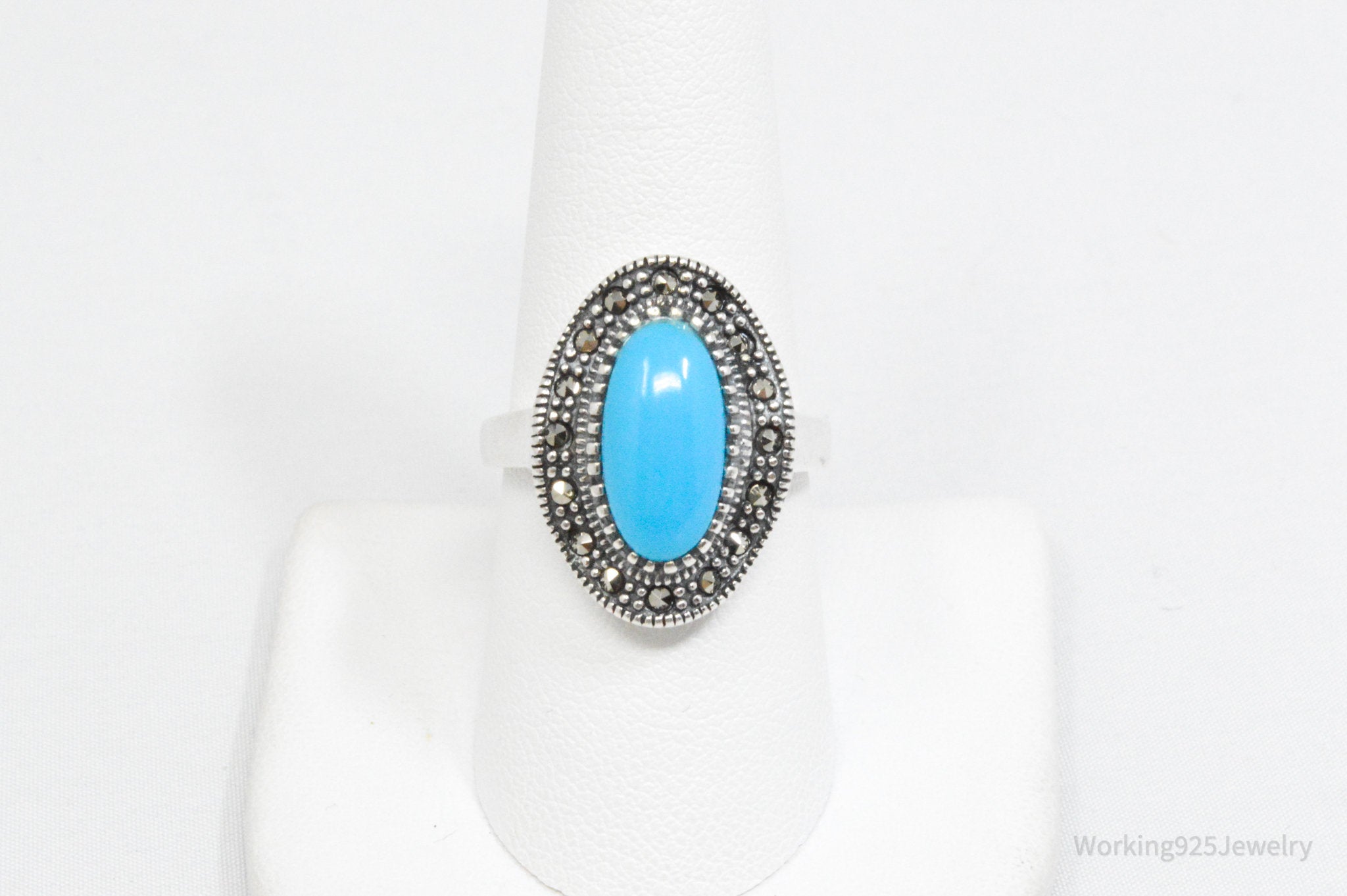 Vintage Art Deco Large Turquoise Marcasite Sterling Silver Ring - Sz 8.5