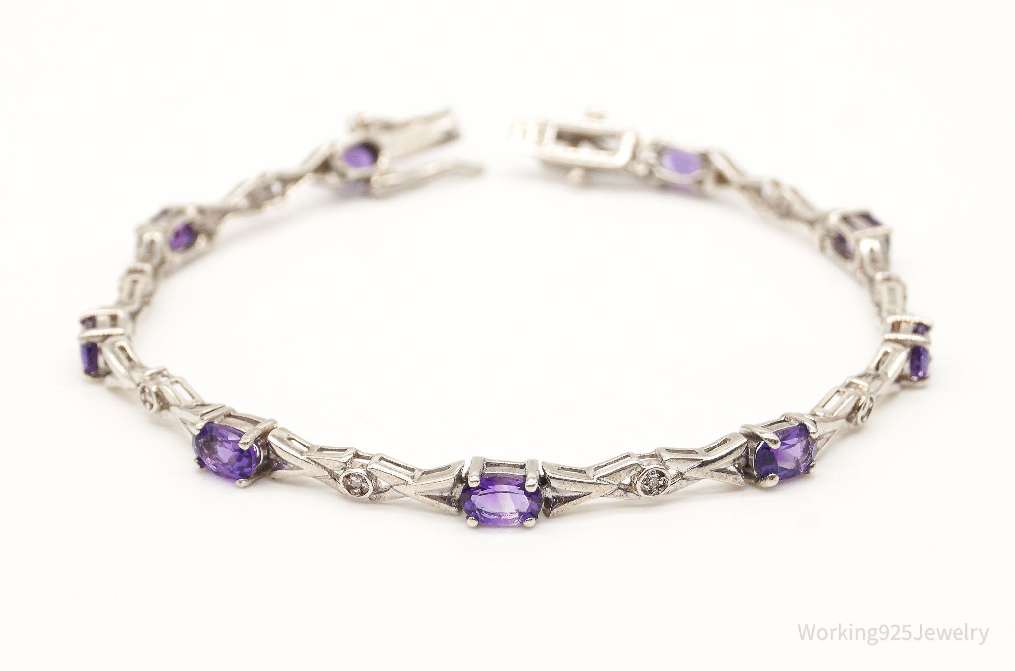 Vintage Amethyst Two Diamonds Sterling Silver Bracelet