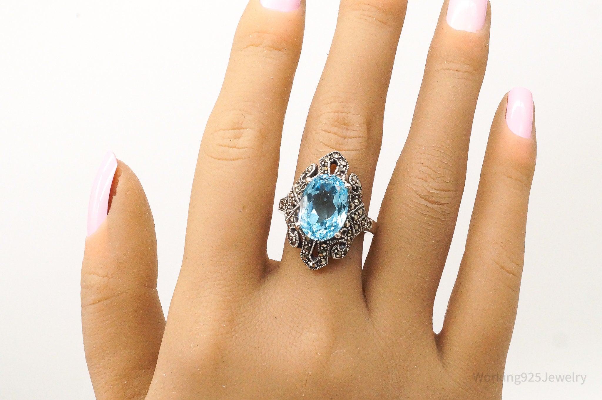 Vintage Large Blue Topaz Marcasite Sterling Silver Ring - Size 8.75