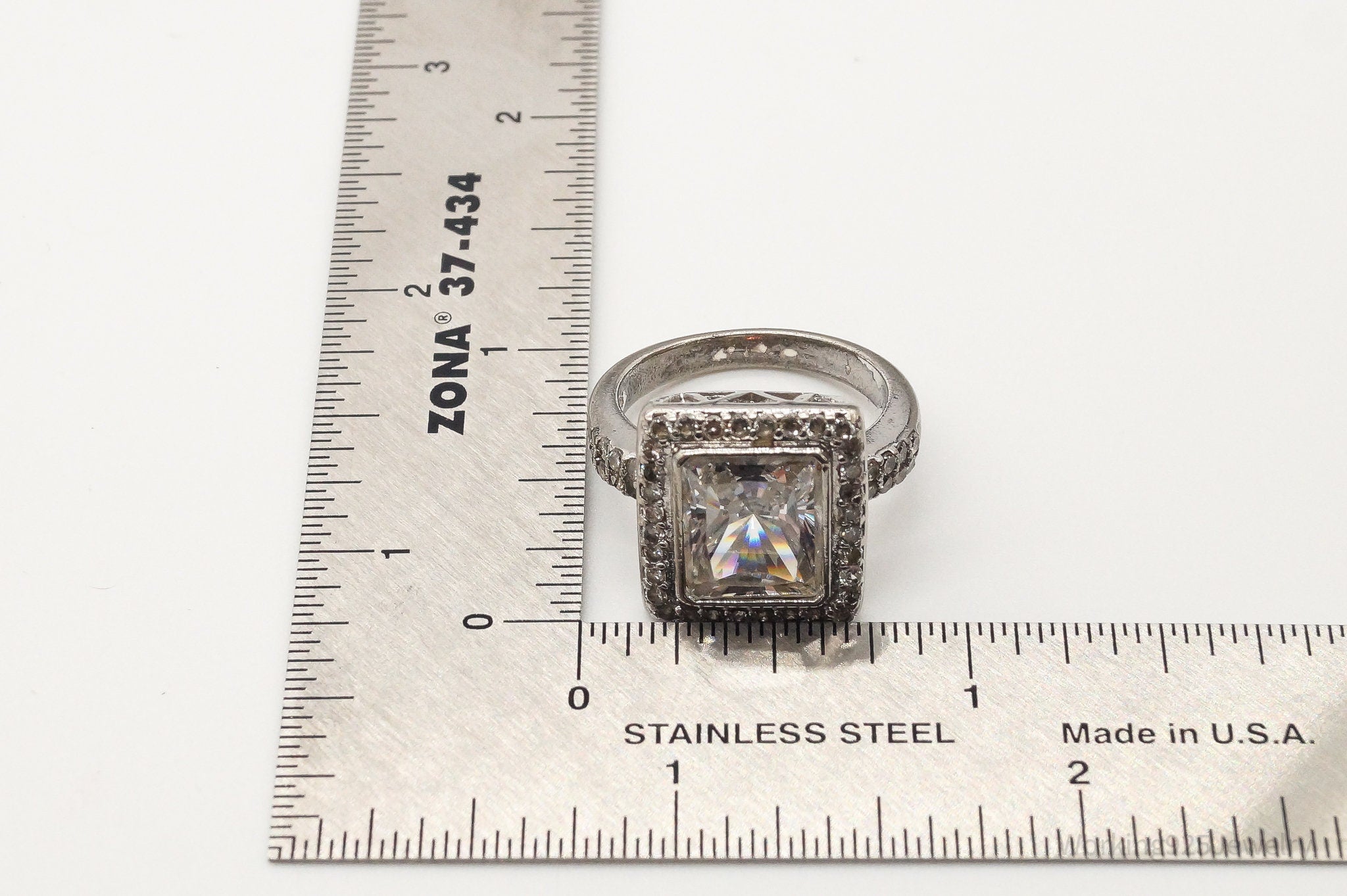 Vintage Cubic Zirconia Rhodium Plating Over Sterling Silver Ring - Size 7.75