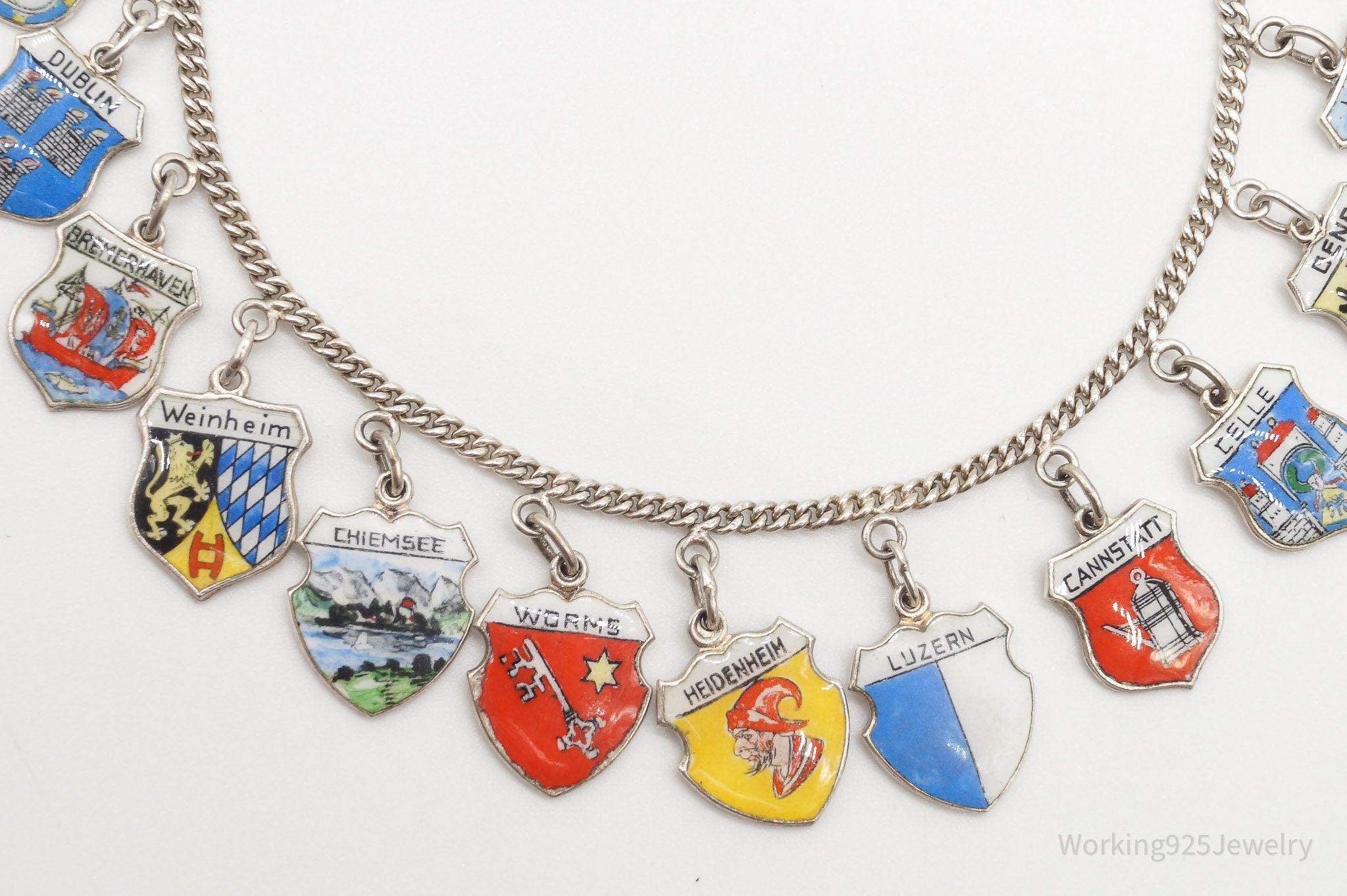 Antique Vintage Enamel Travel 800 / 835 Silver Charms Silver Bracelet