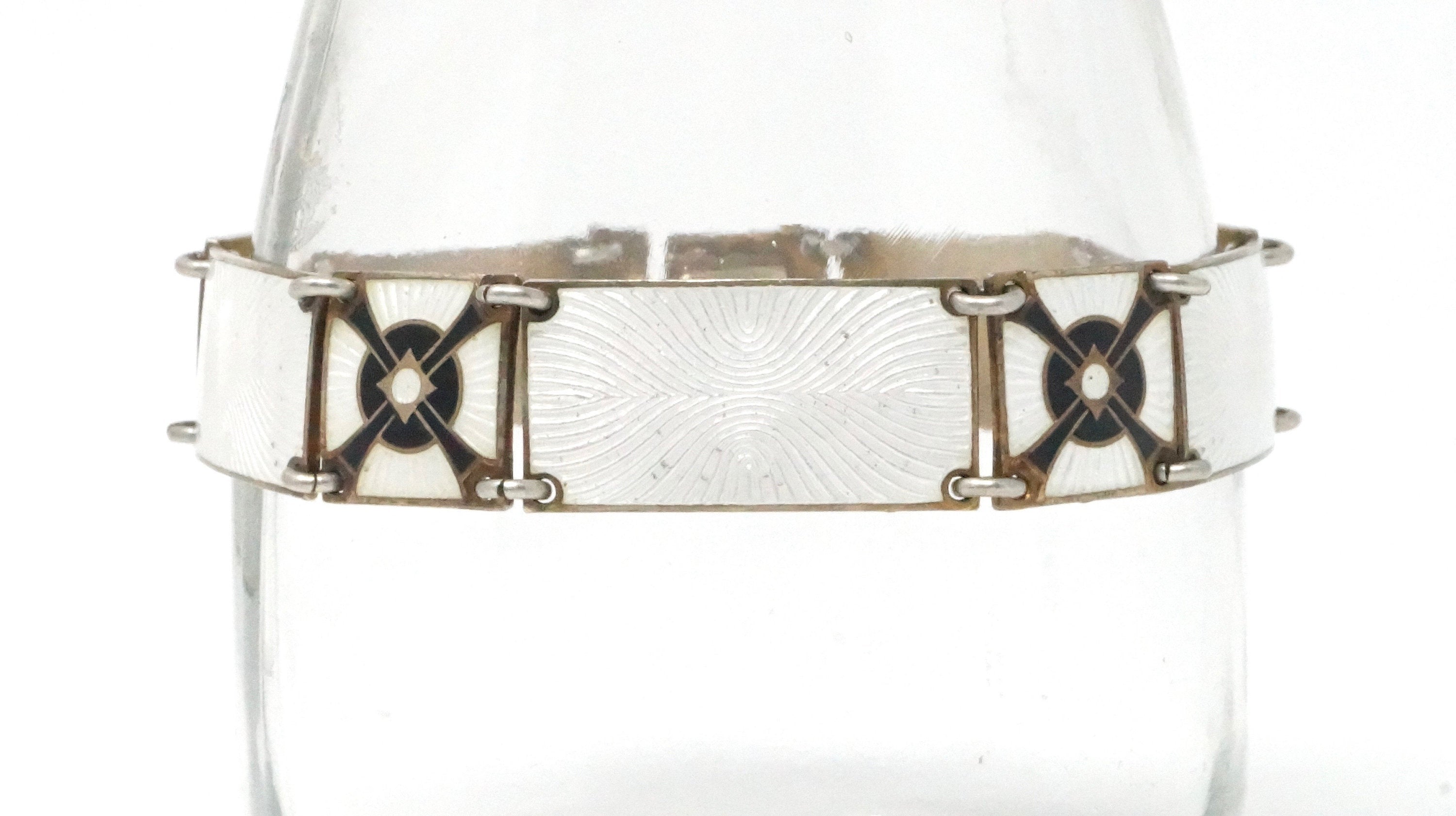 Kristian Hestenes Guilloche White Enamel Gold Panel Sterling Silver Bracelet