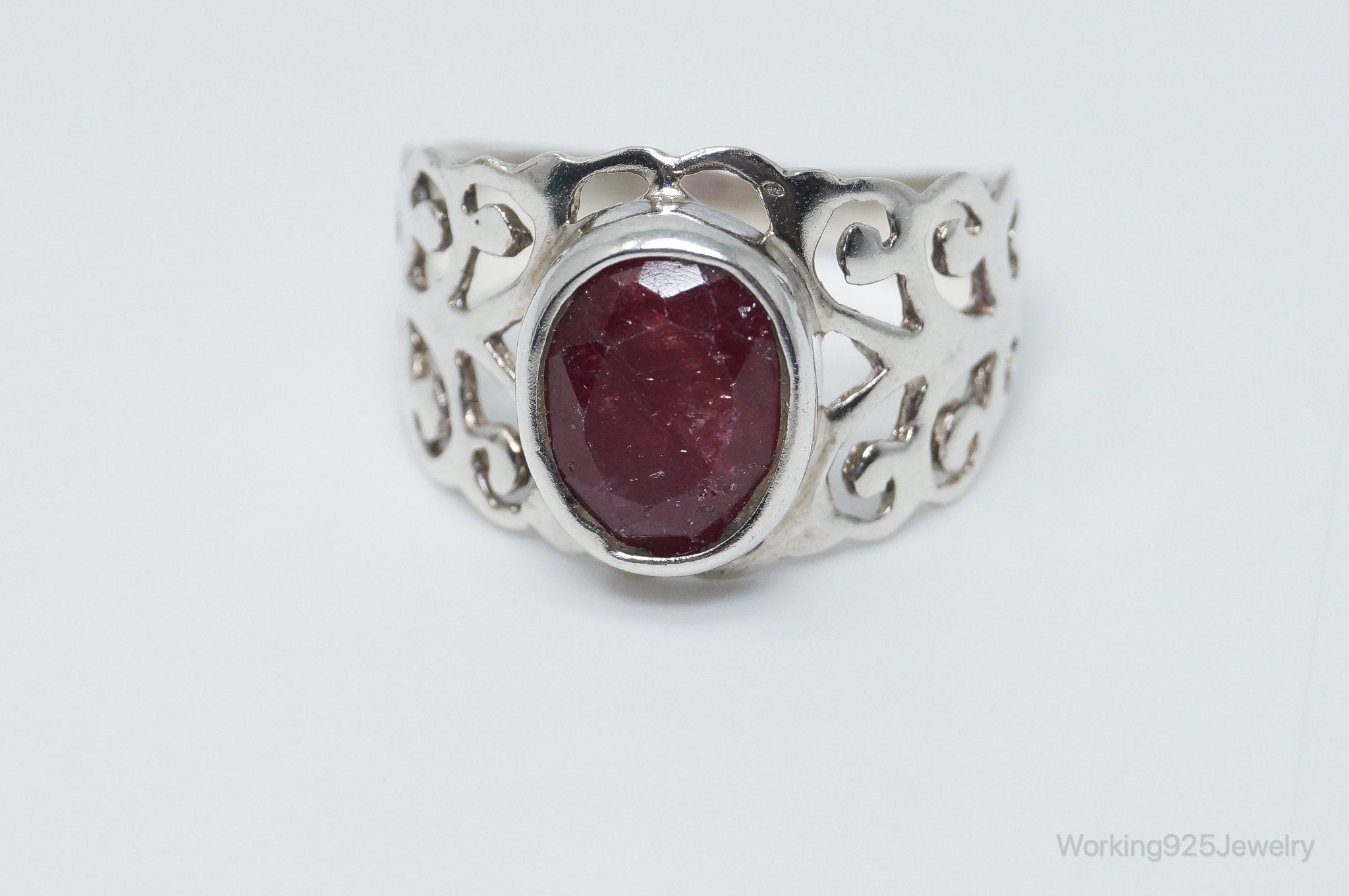 Vintage Art Deco Ruby Scroll Sterling Silver Ring - Size 8