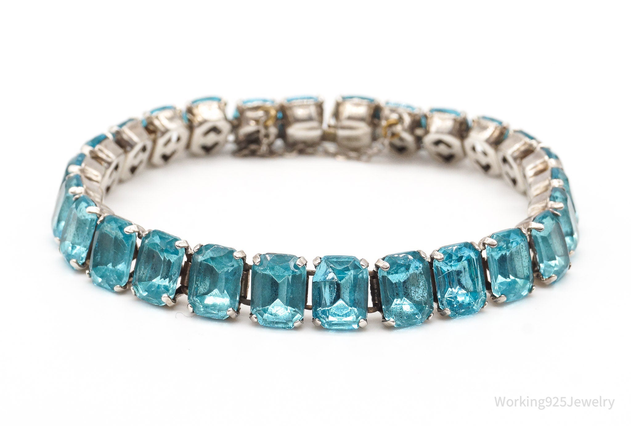 Antique Blue Glass Stones Sterling Silver Statement Bracelet