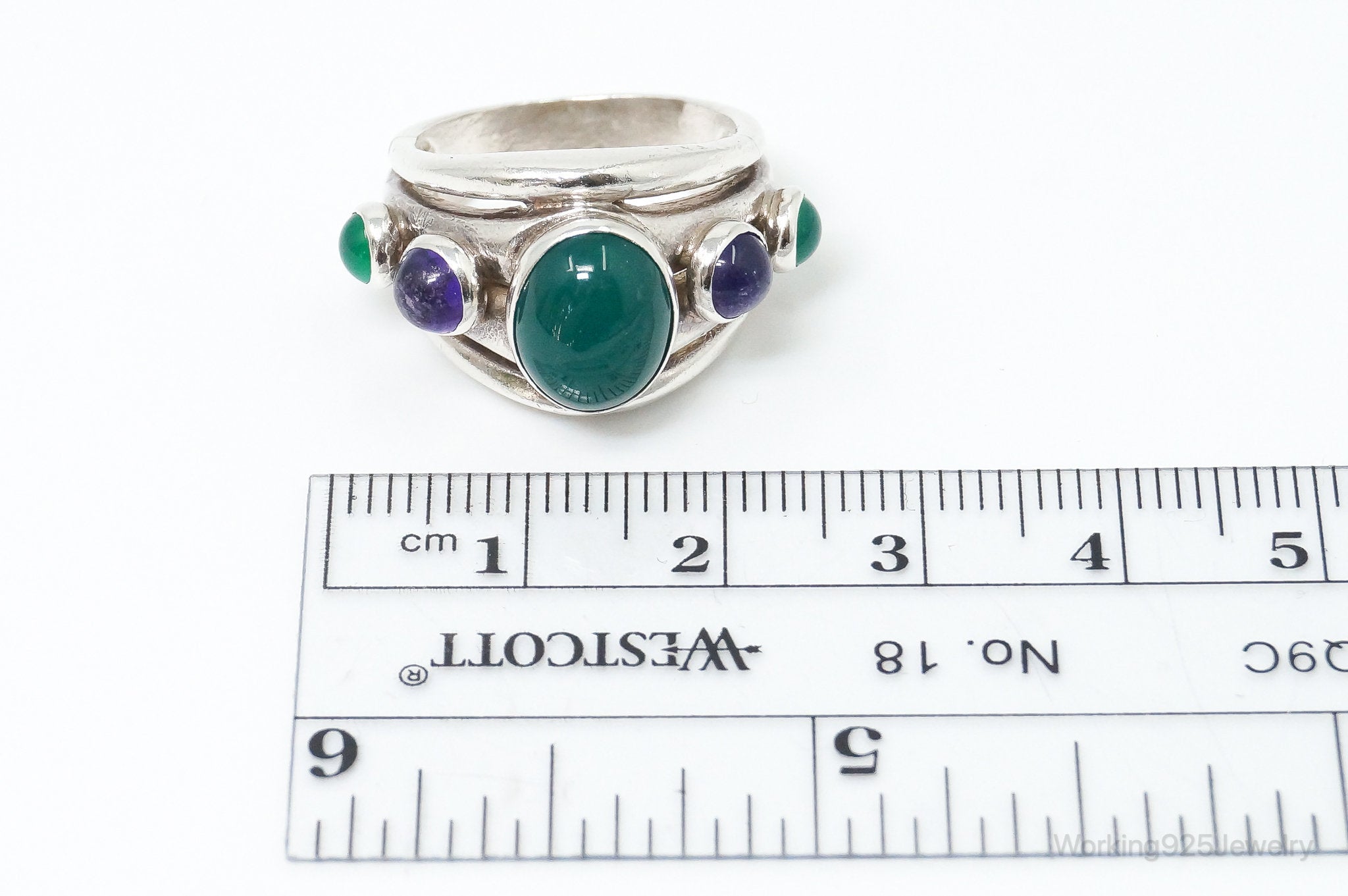 Vintage Green Onyx Amethyst Sterling Silver Ring - Size 6