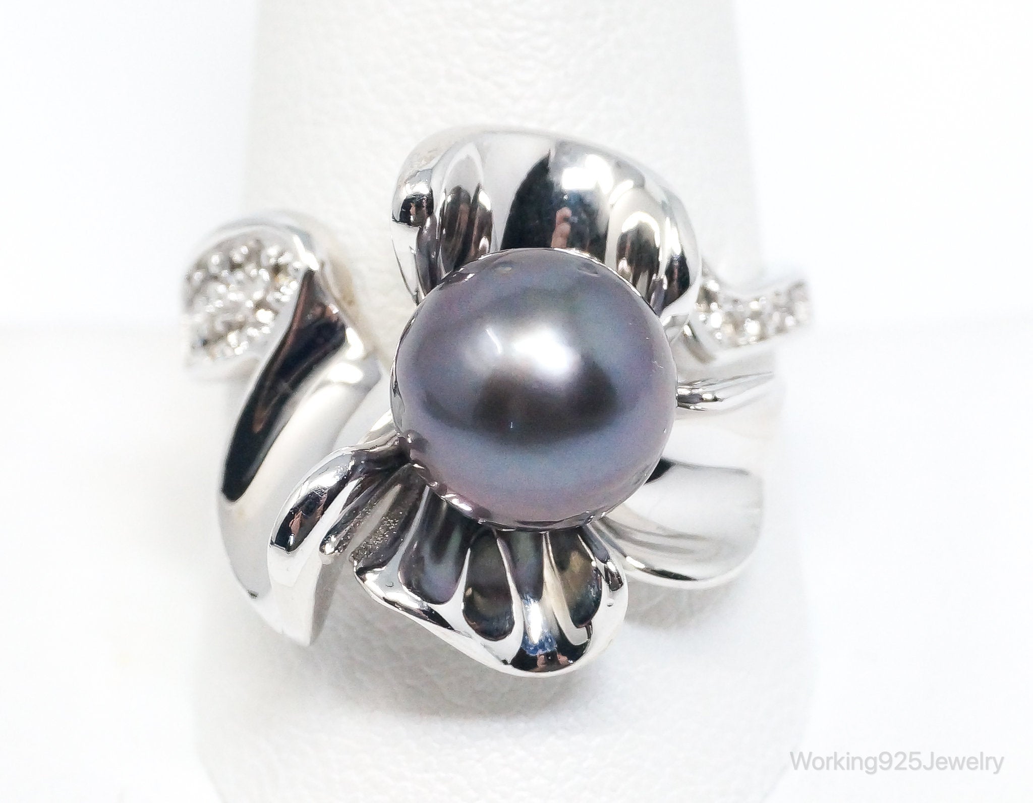 Designer Tahitian Pearl Cubic Zirconia Sterling Silver Ring SZ 9.5 Adjustable