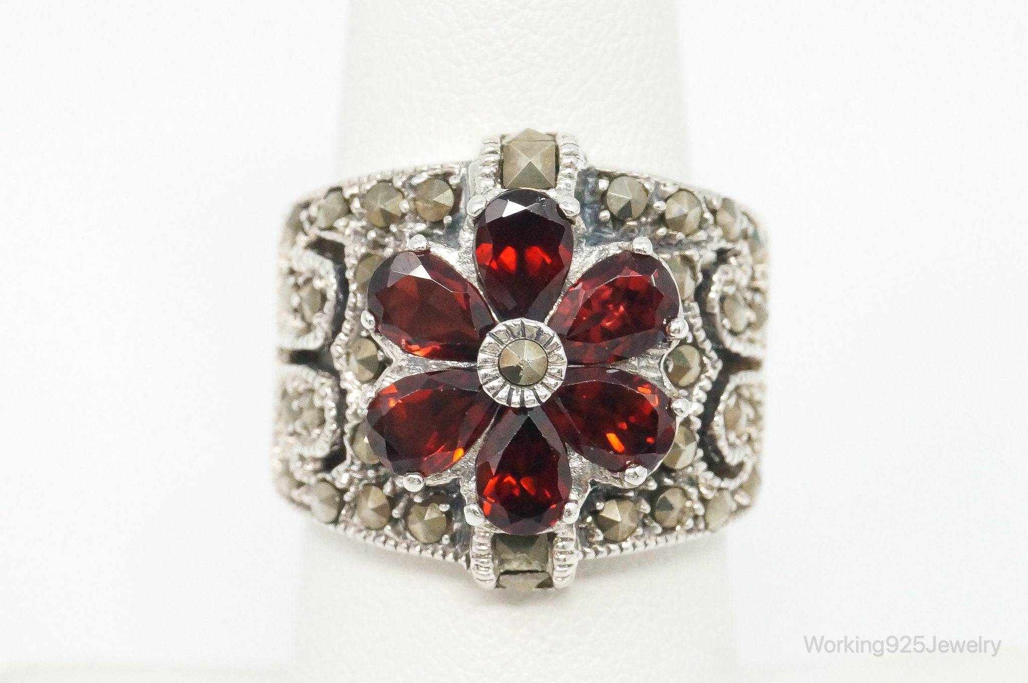 Vintage Garnet Marcasite Sterling Silver Statement Ring Size 6.75