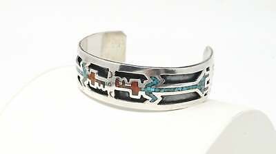 Vtg Native American Yei Bi Chei Turquoise Coral Sterling Silver Cuff Bracelet