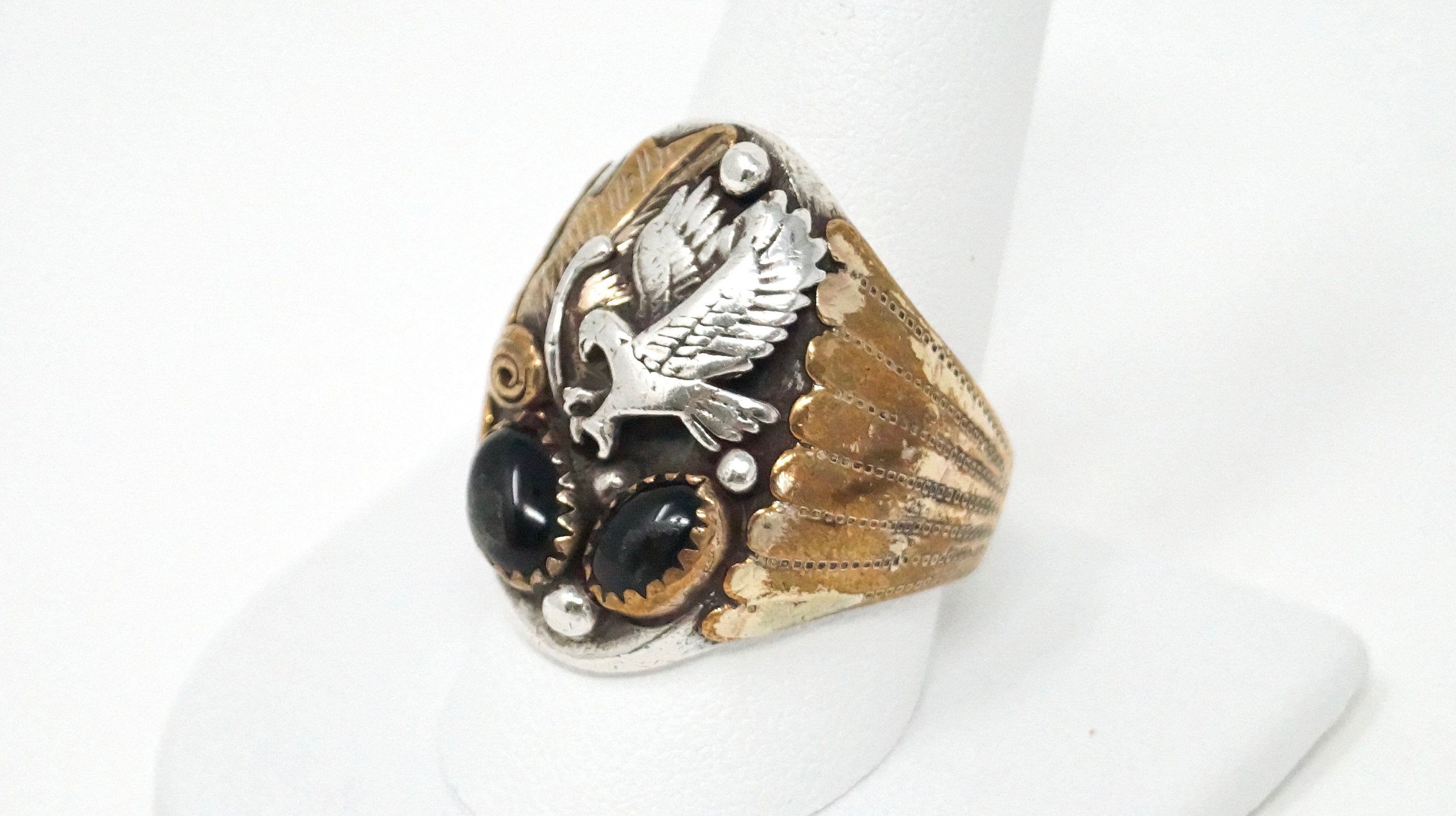 Native American Black Onyx Eagle Feather Brass Sterling Silver Ring Sz 10.75