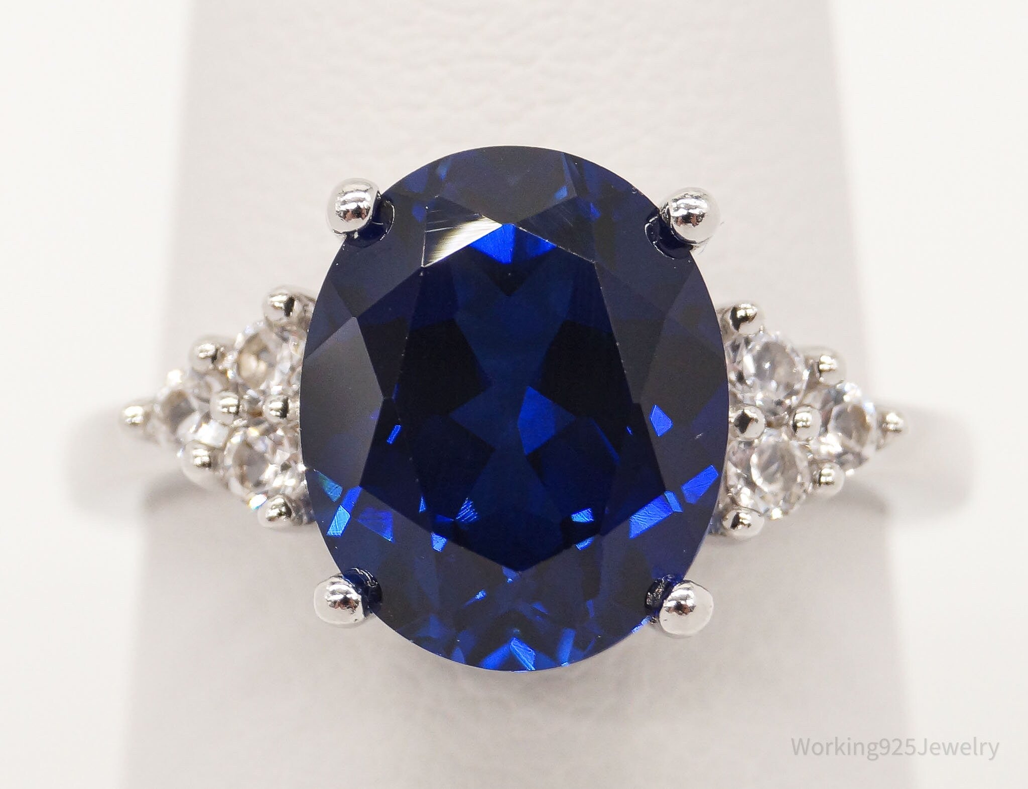 Large Lab Sapphire Cubic Zirconia Sterling Silver Ring - Size 6.75