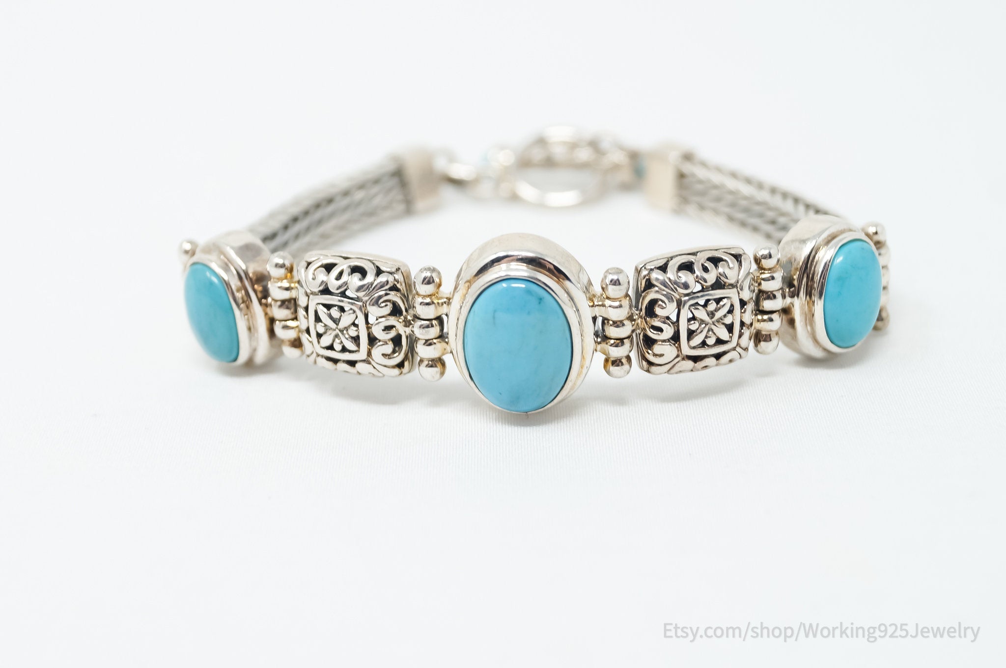 Vintage Blue Turquoise Sterling Silver Southwestern Bali Toggle Bracelet