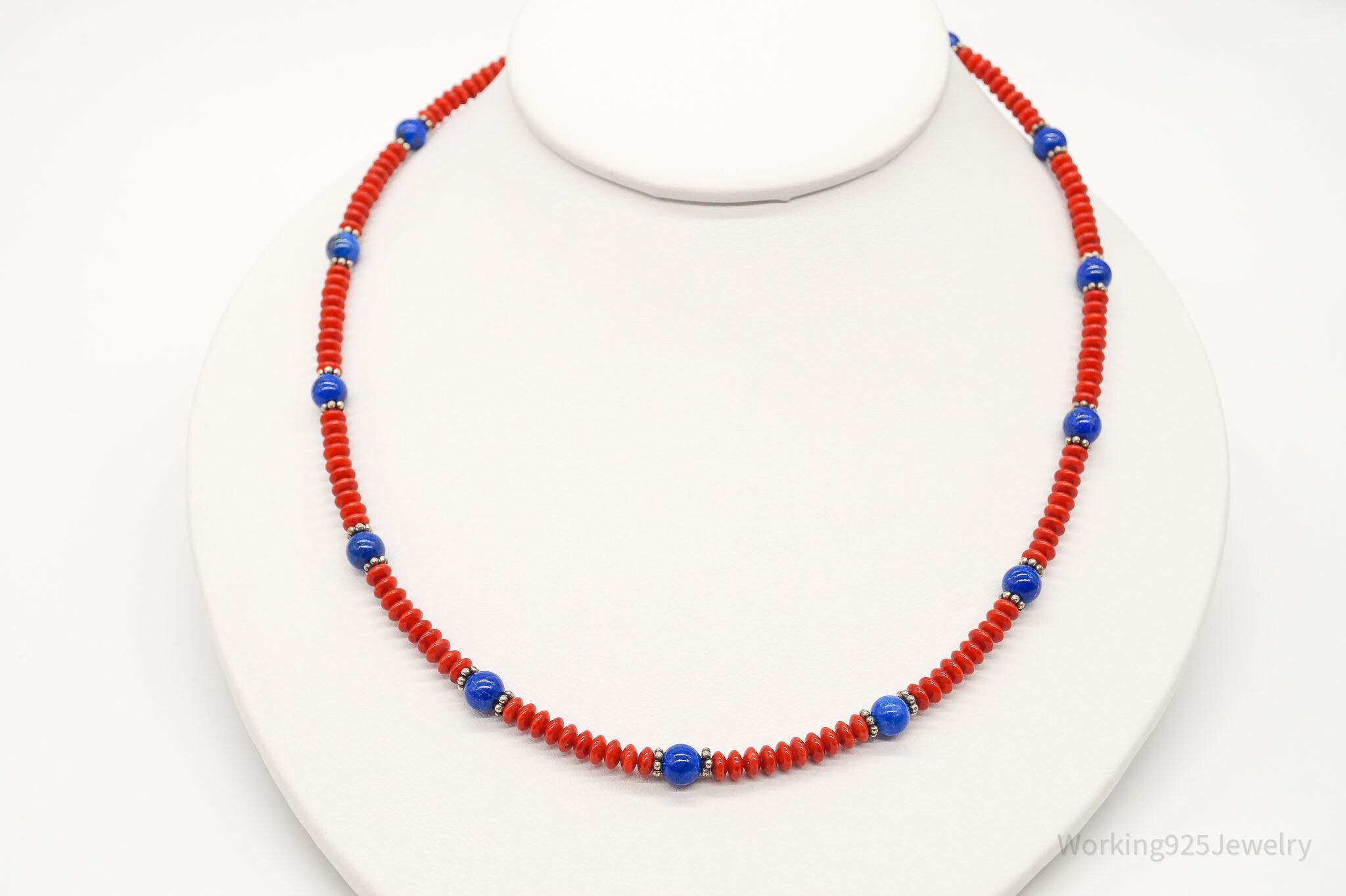 Vintage Handmade Native American Coral Lapis Lazuli Silver Beaded Necklace